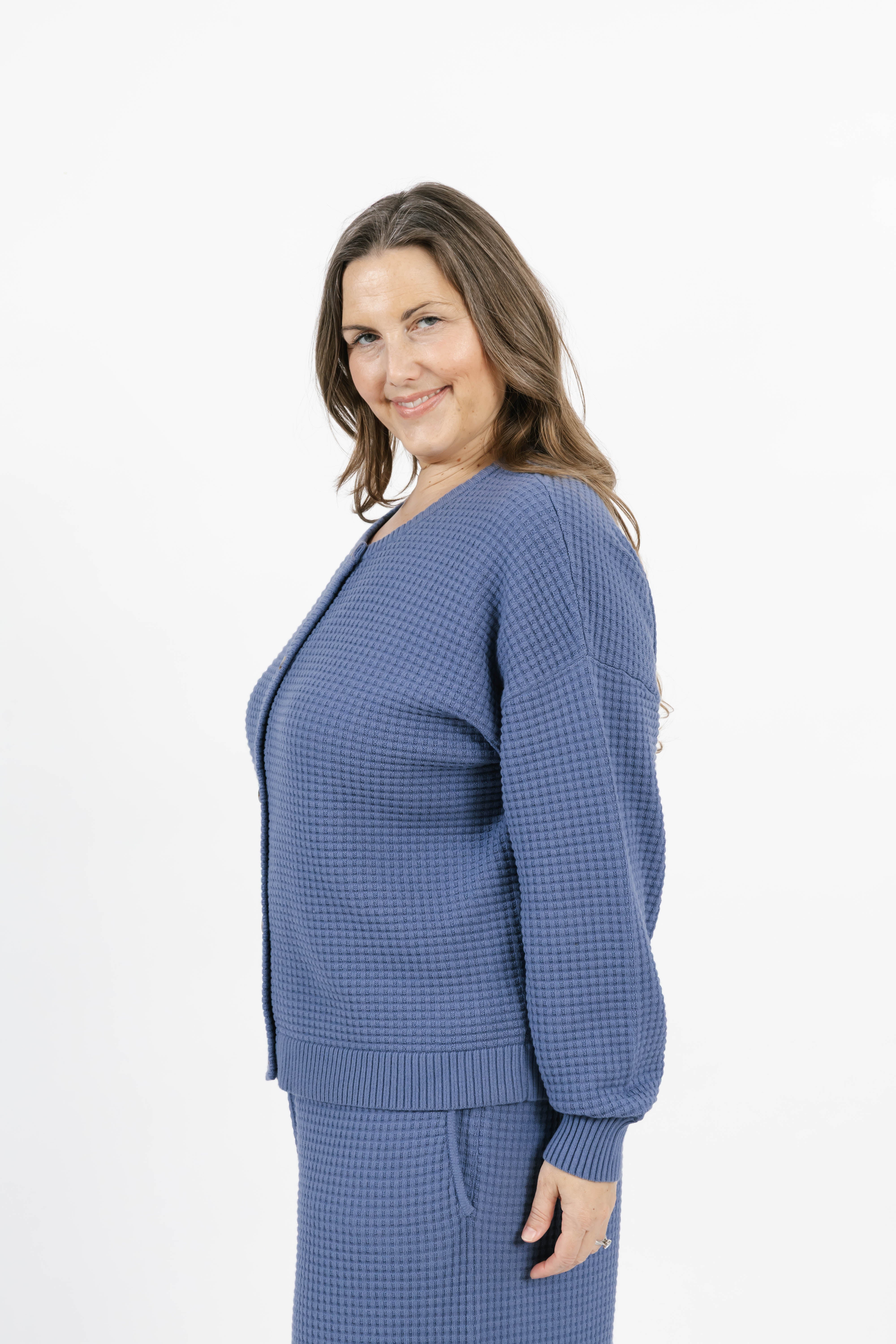 Megan Waffle Cardigan in Slate Blue