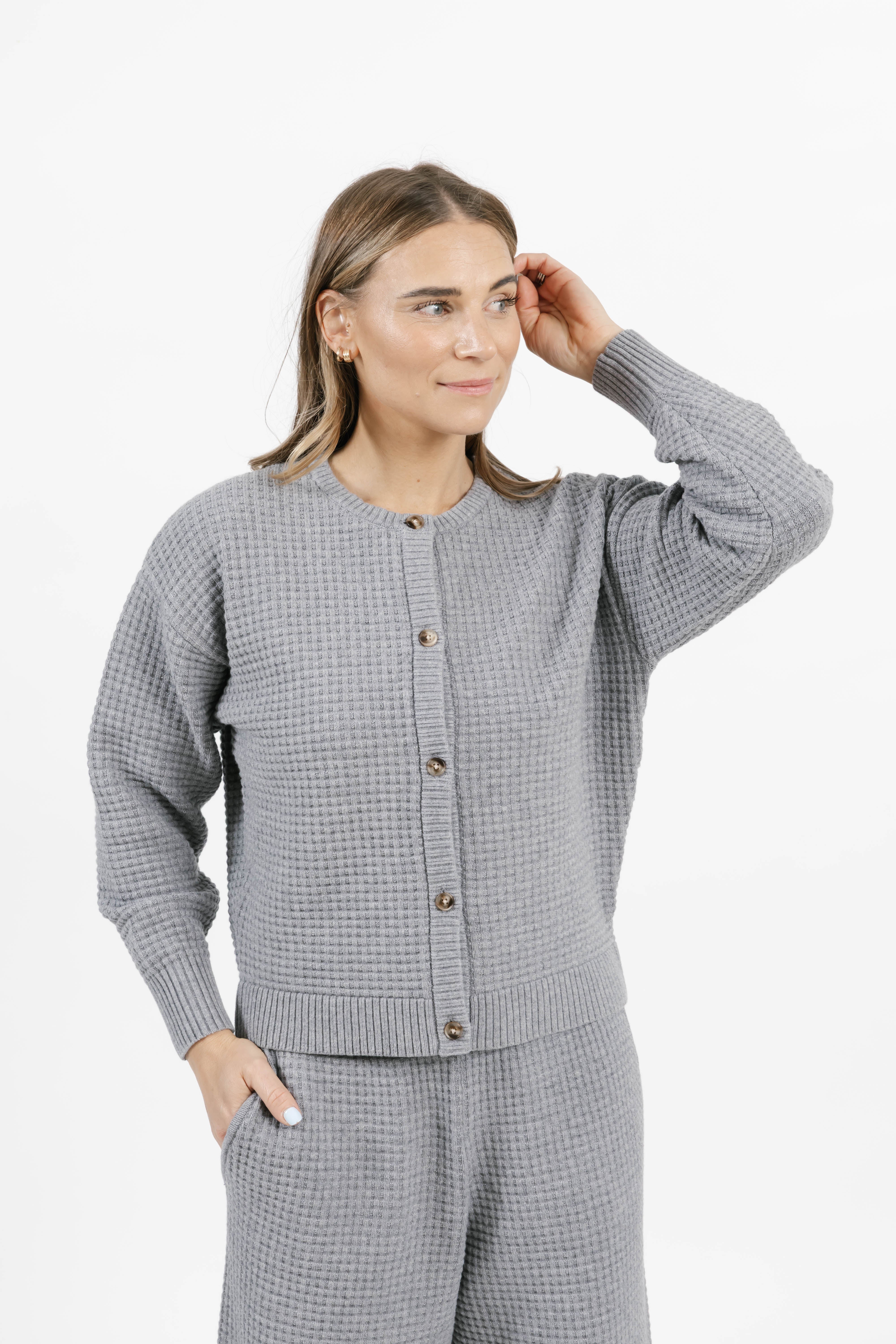 Megan Waffle Cardigan in Heather Grey