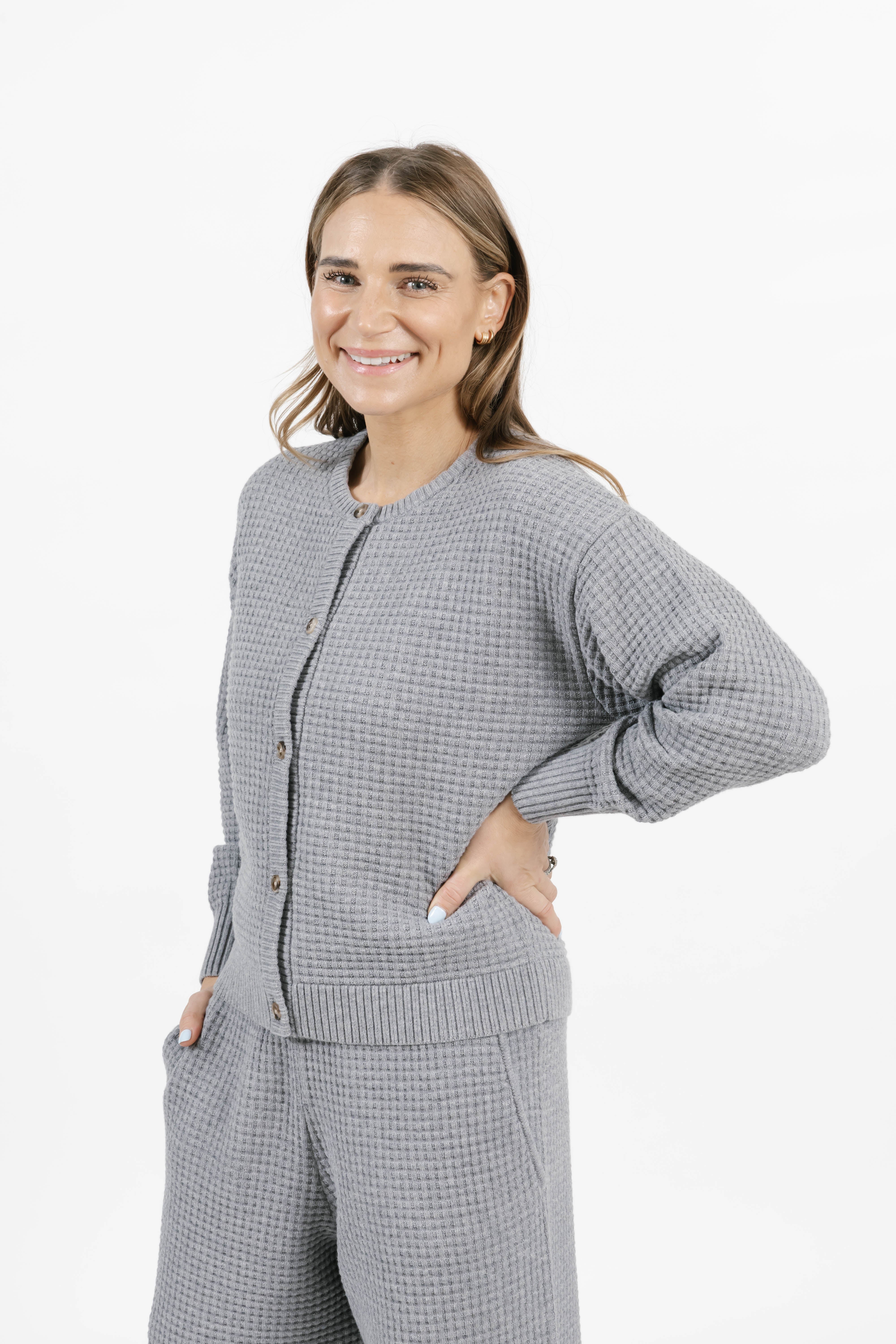 Megan Waffle Cardigan in Heather Grey