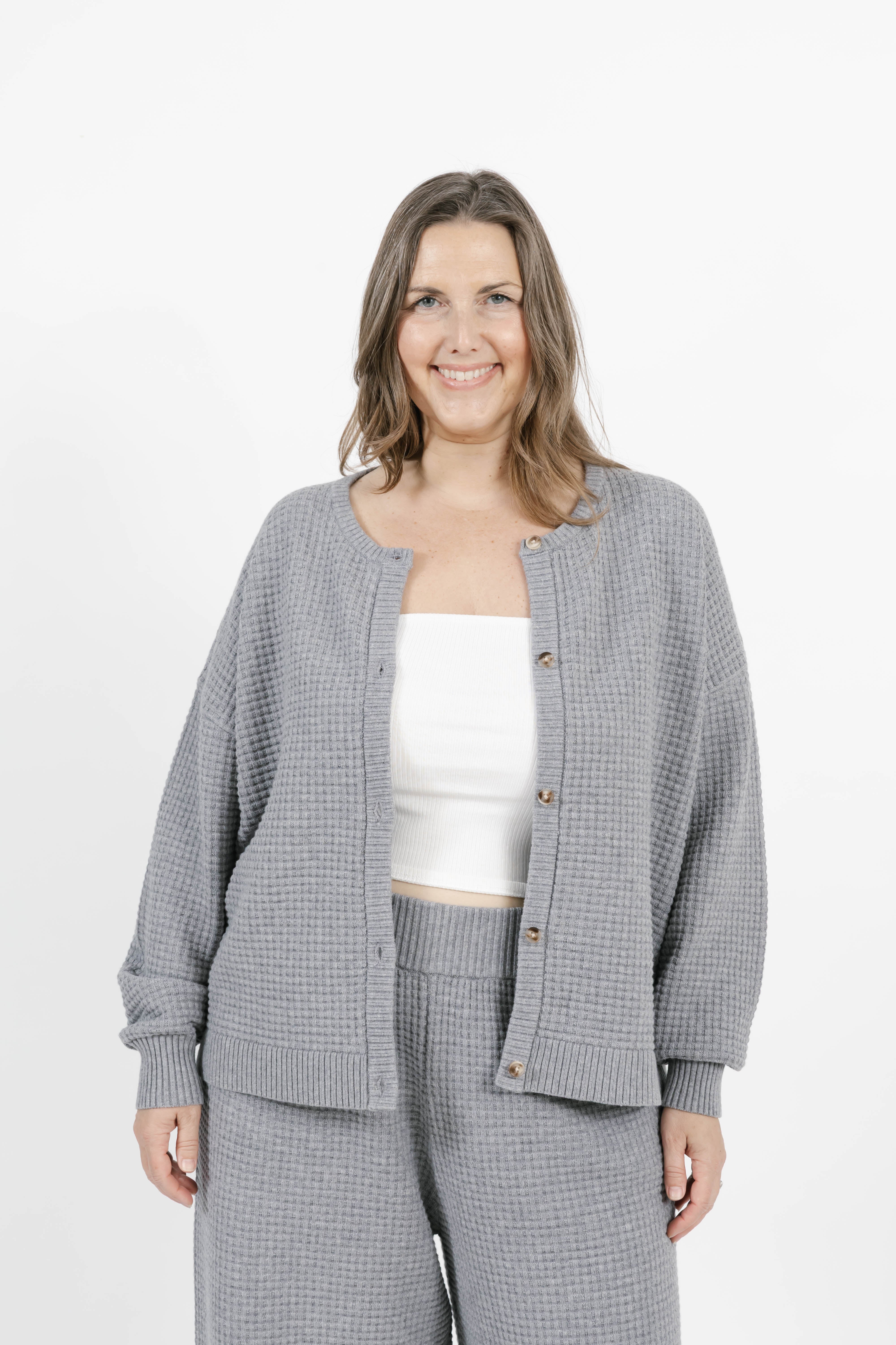 Megan Waffle Cardigan in Heather Grey