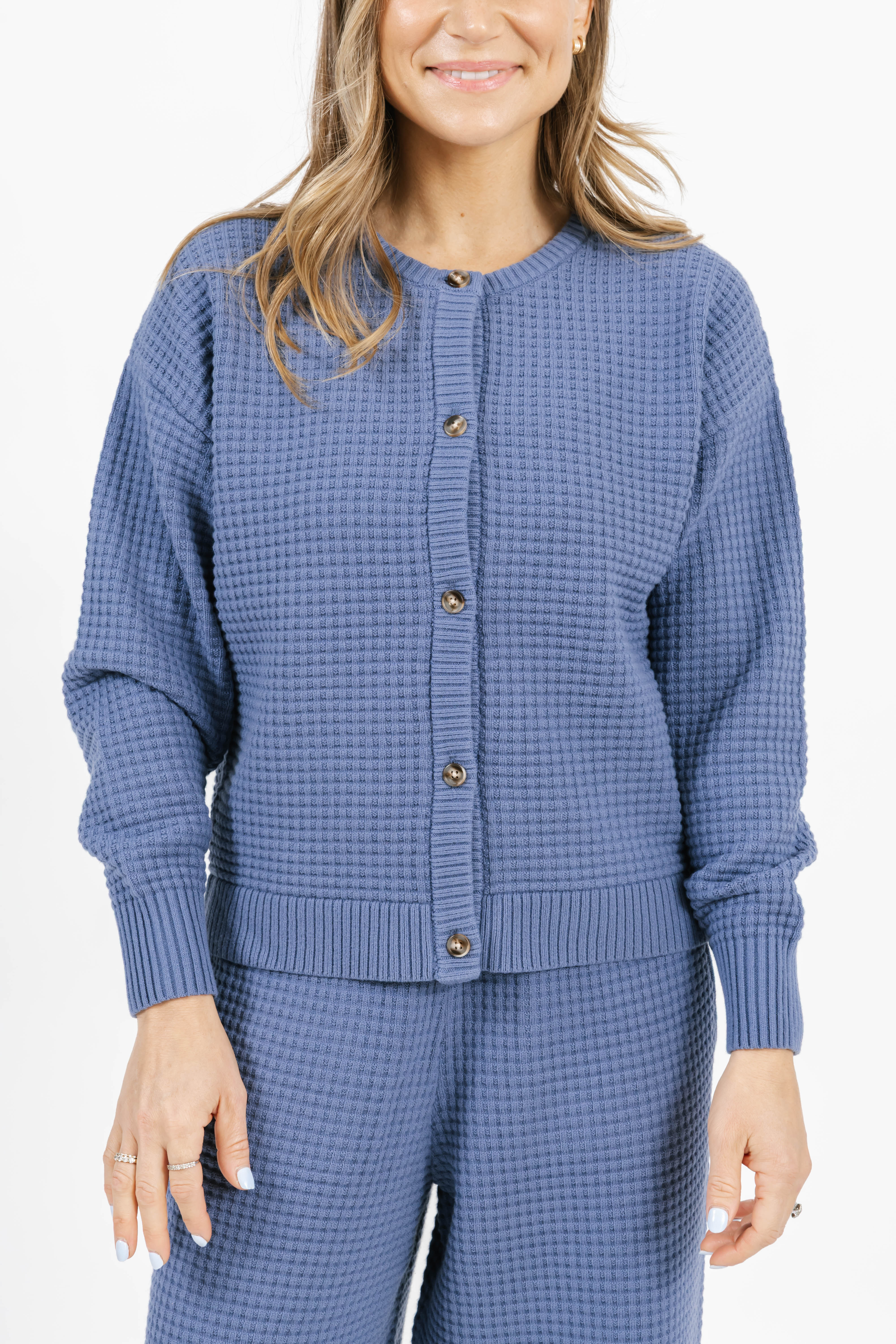 Megan Waffle Cardigan in Slate Blue
