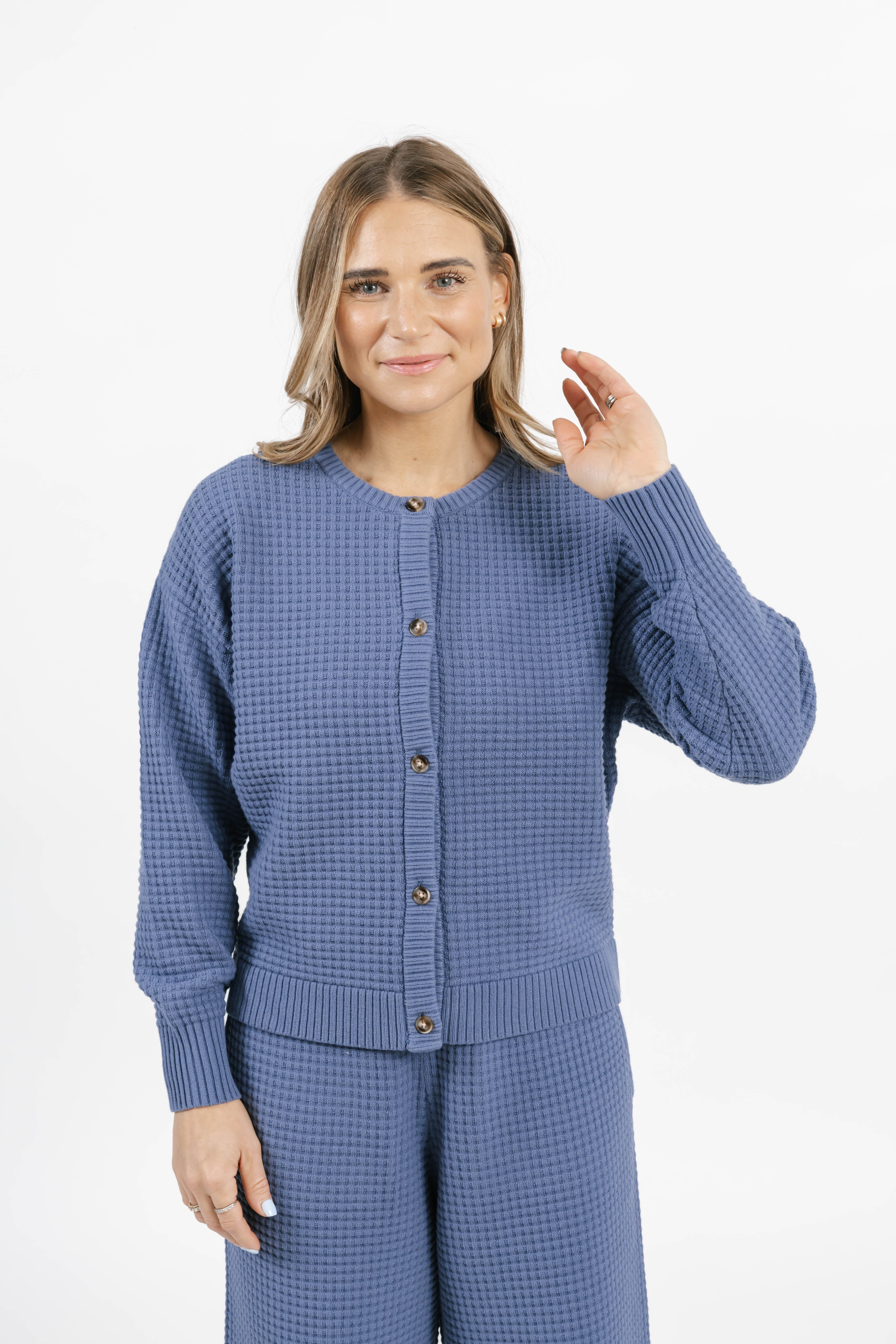 Megan Waffle Cardigan in Slate Blue