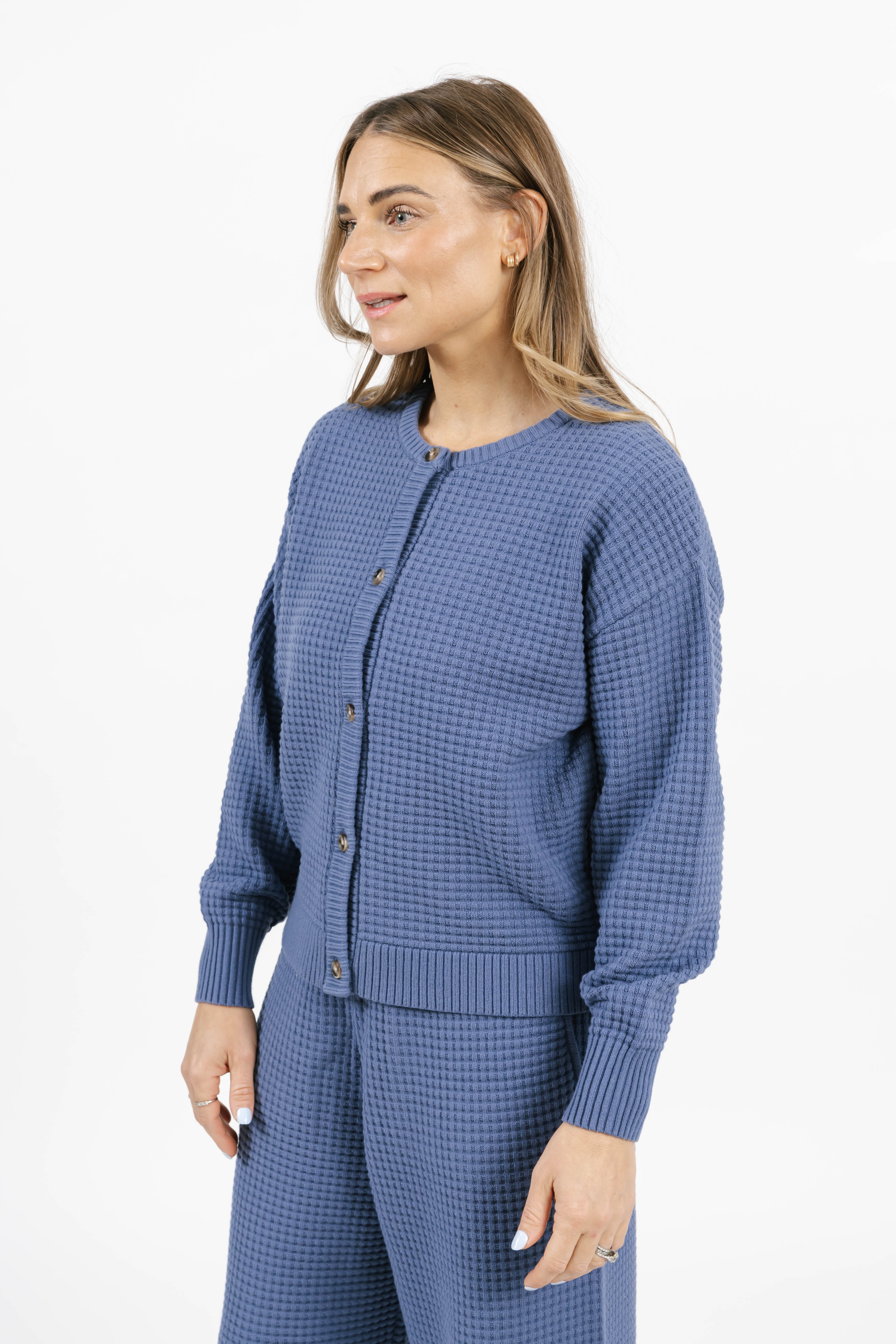 Megan Waffle Cardigan in Slate Blue