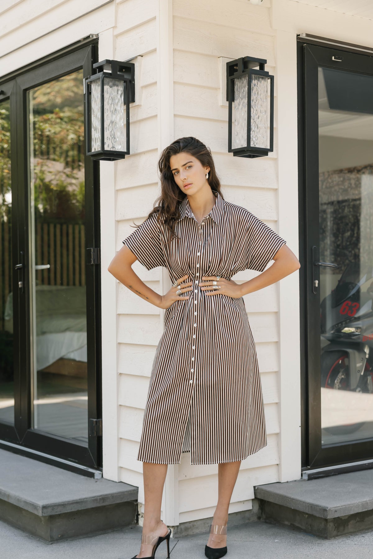 Petra Pleated Dress in Espresso Stripe