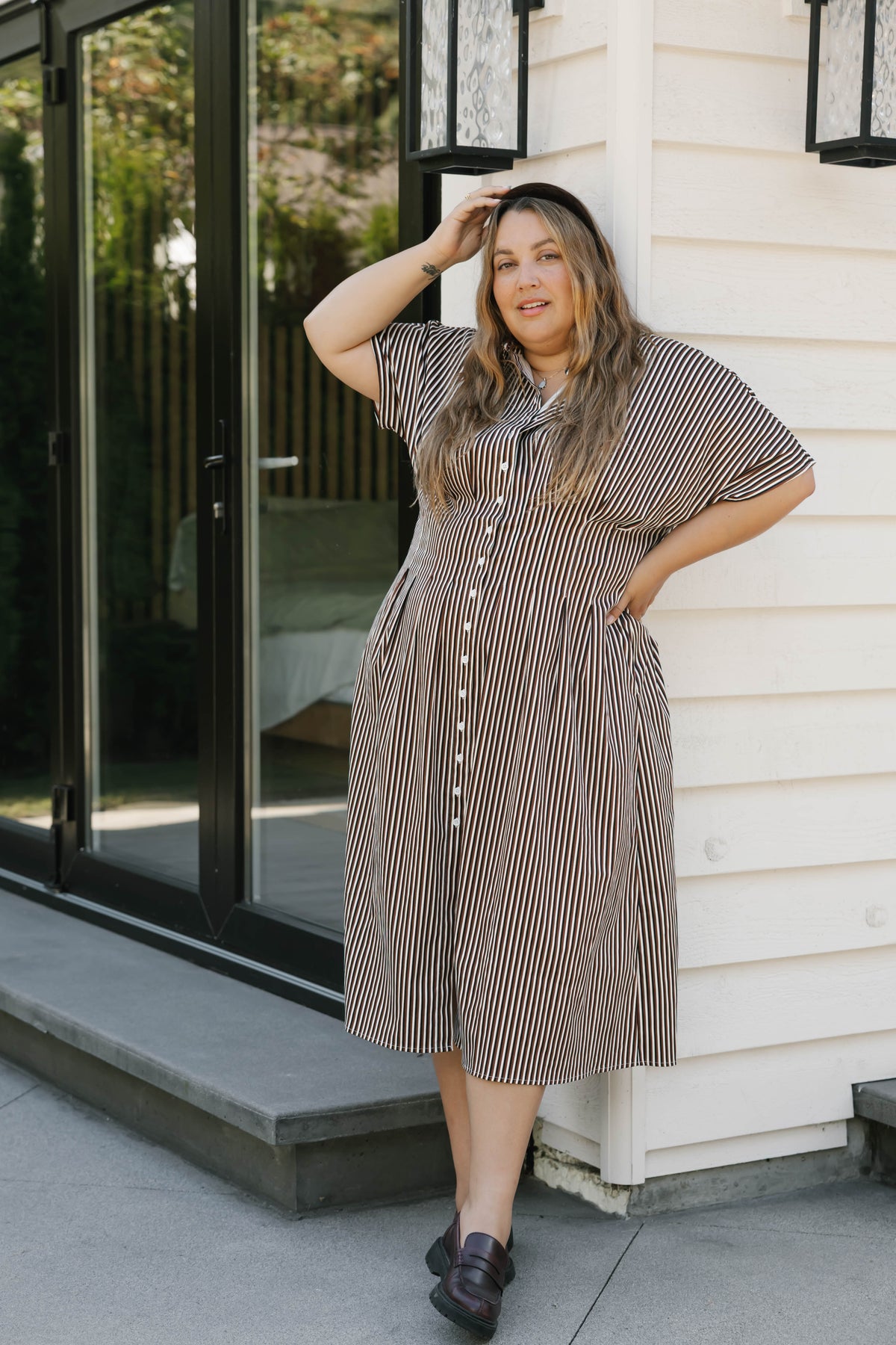 Petra Pleated Dress in Espresso Stripe