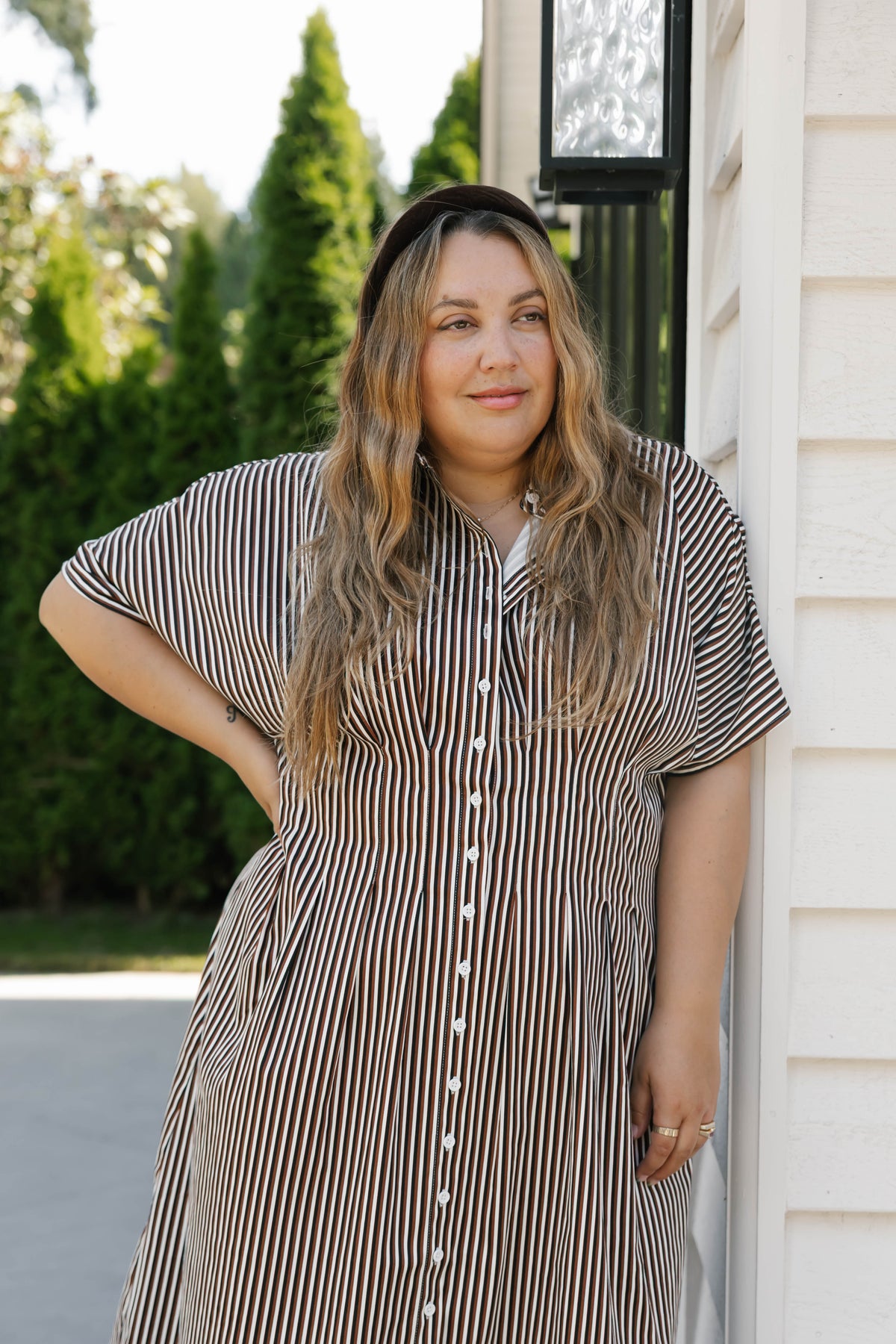 Petra Pleated Dress in Espresso Stripe