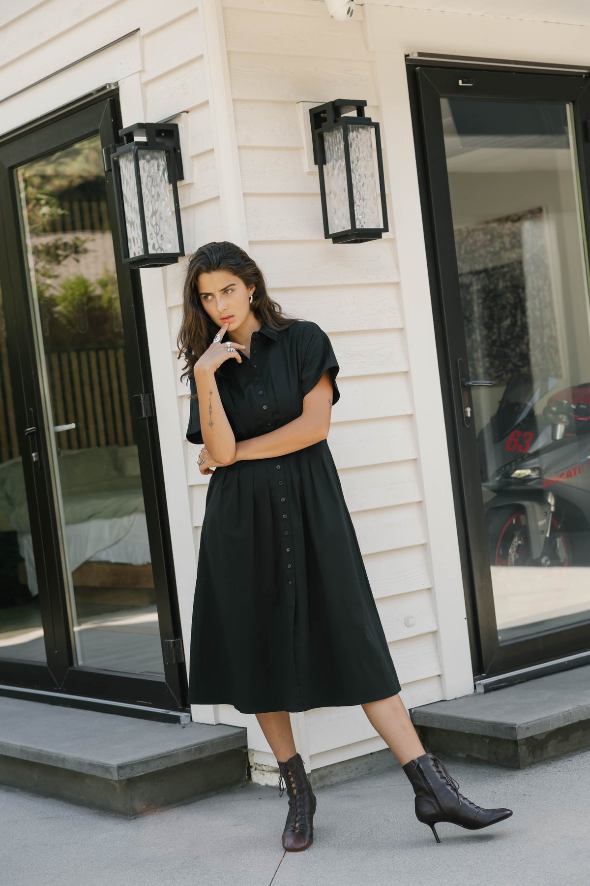 Petra Pleated Dress in Midnight Black
