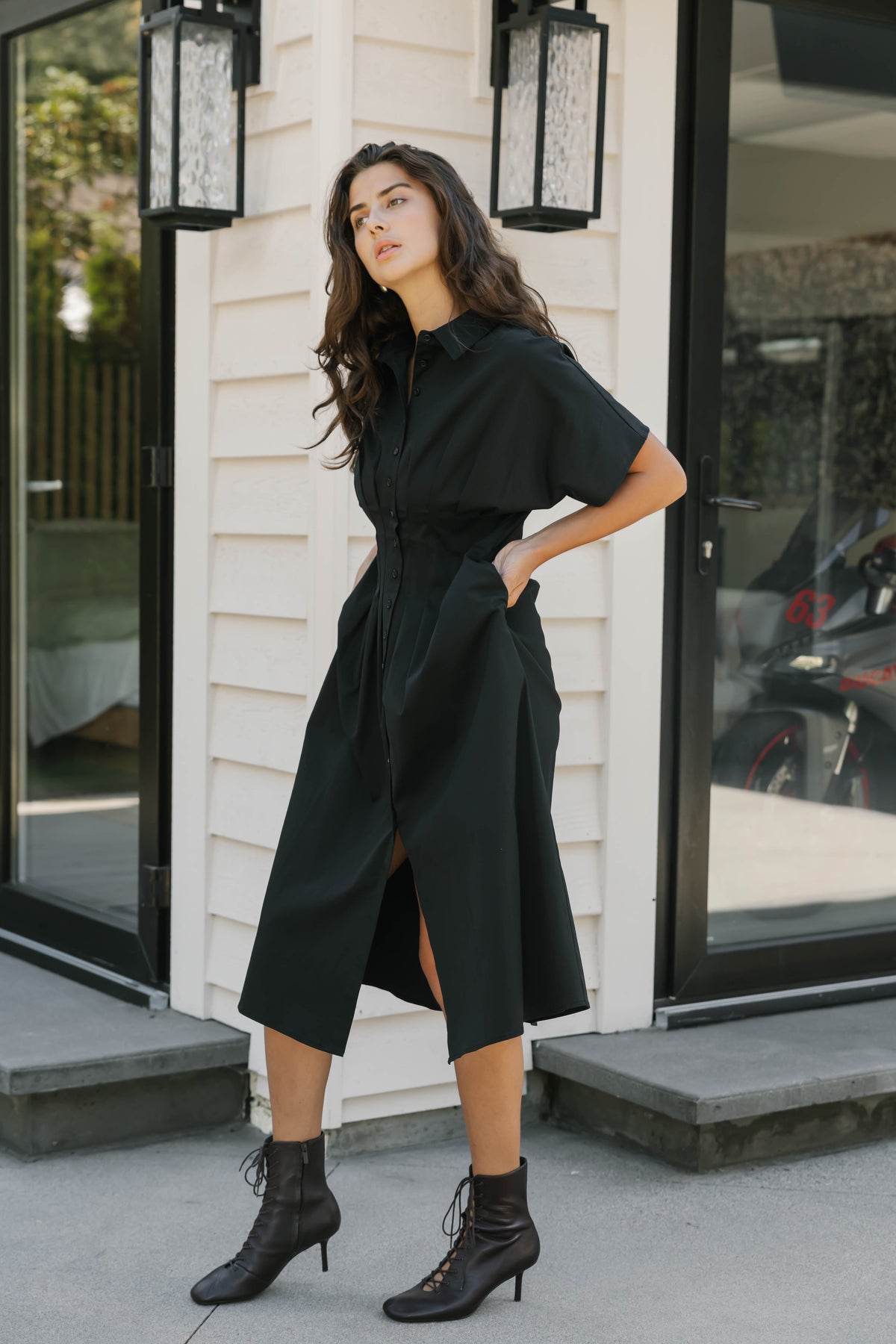 Petra Pleated Dress in Midnight Black