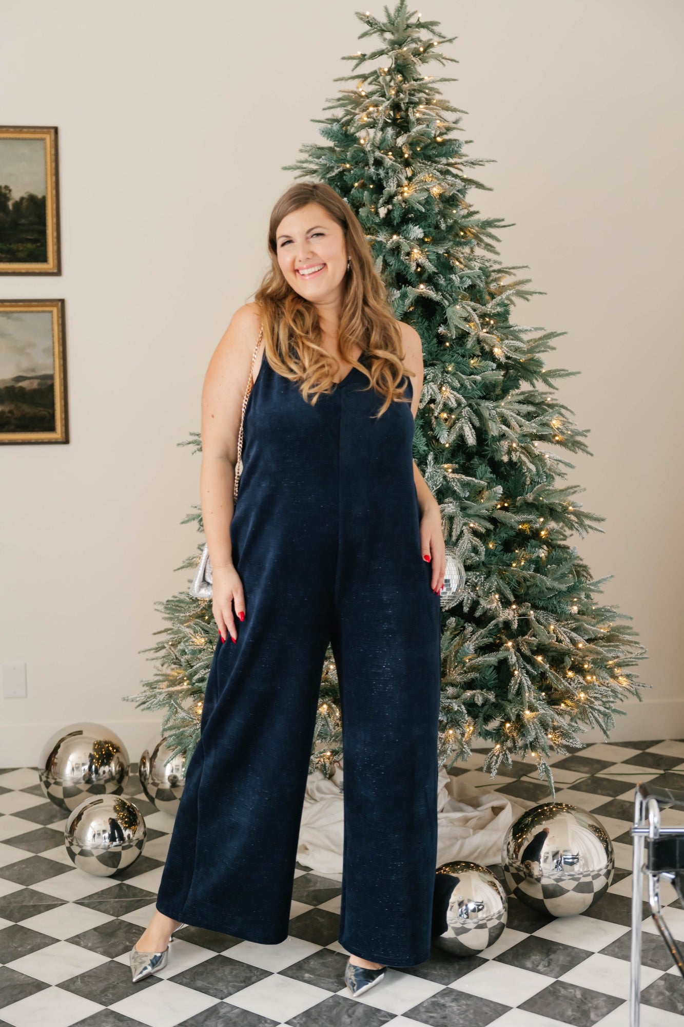 Tuesday Wide Leg Velvet Romper in Sparkle Navy