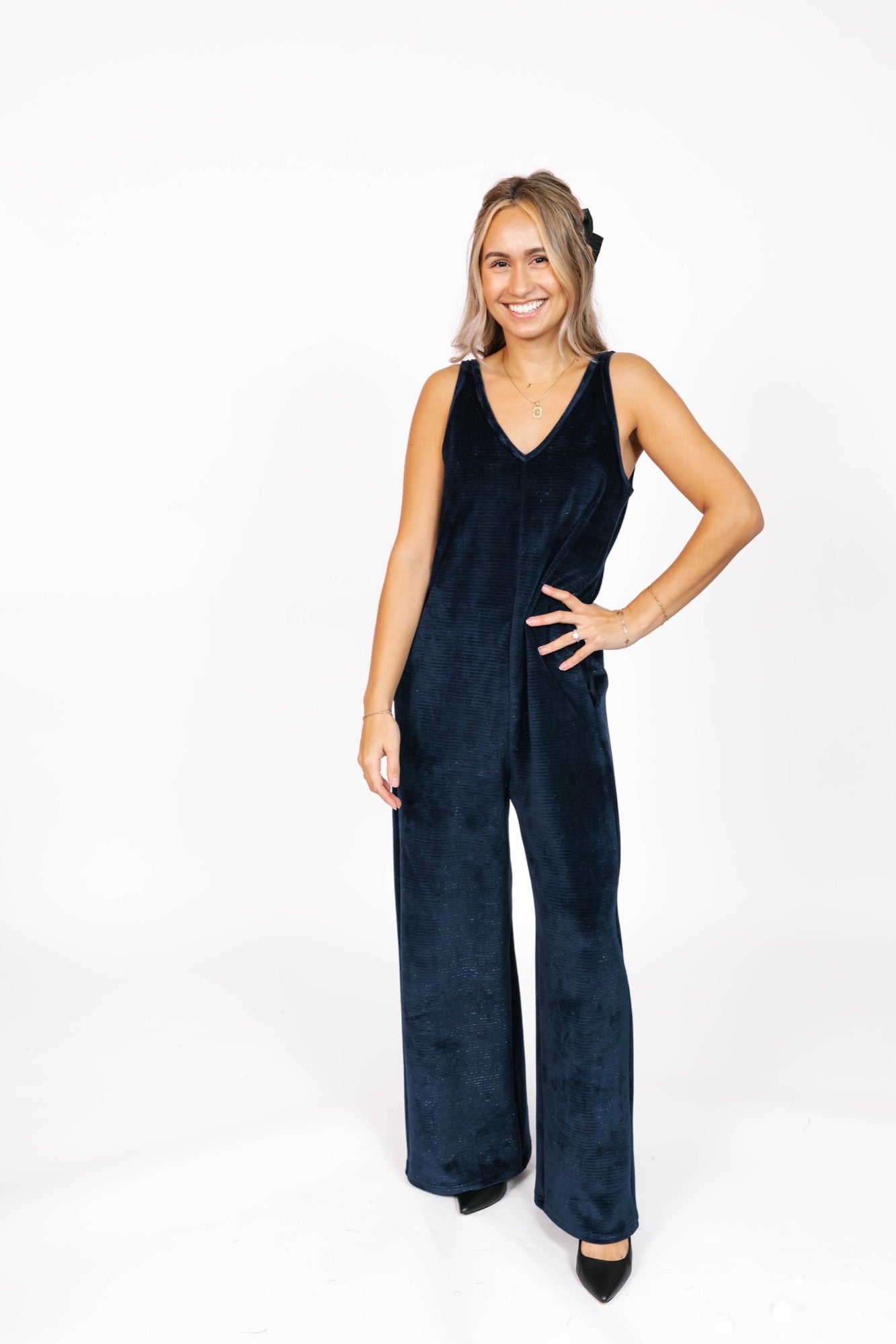 Tuesday Wide Leg Velvet Romper in Sparkle Navy