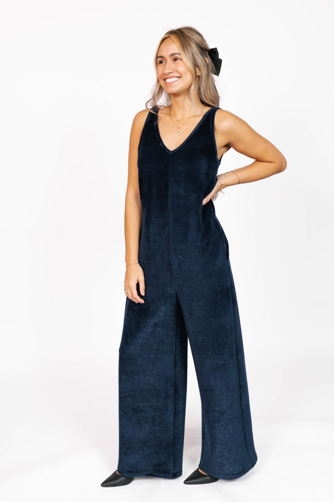 Tuesday Wide Leg Velvet Romper in Sparkle Navy