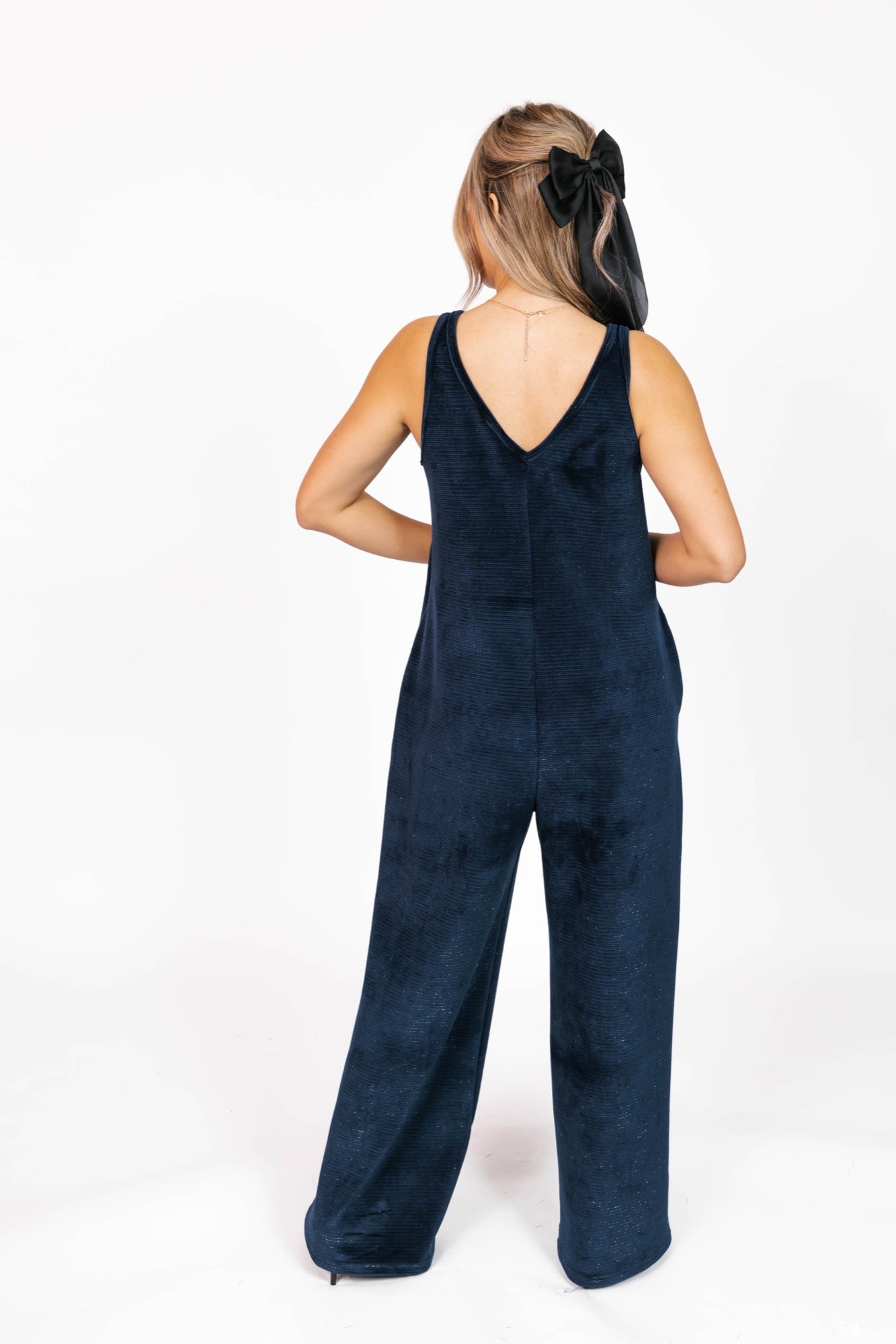 Tuesday Wide Leg Velvet Romper in Sparkle Navy