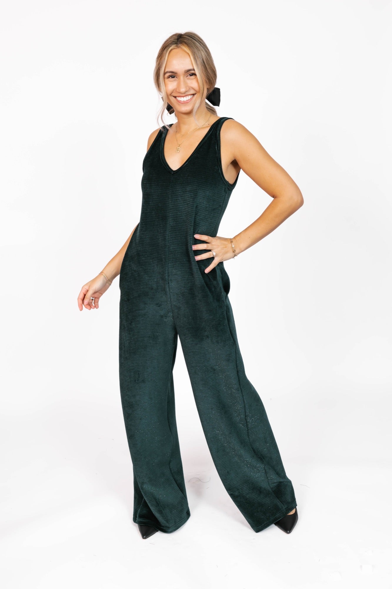 Tuesday Wide Leg Velvet Romper in Sparkle Green