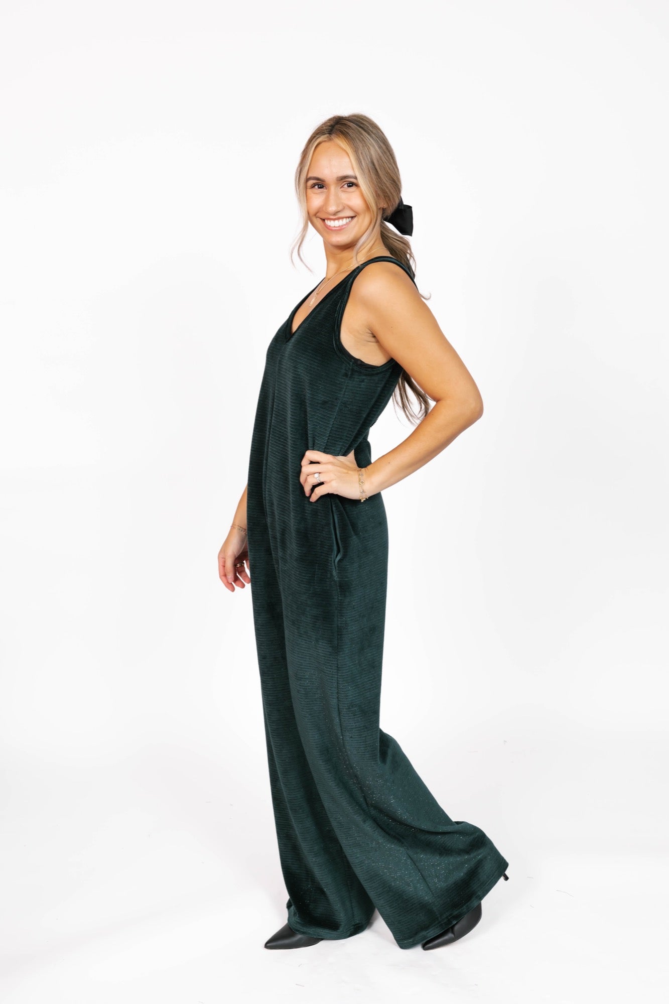 Tuesday Wide Leg Velvet Romper in Sparkle Green