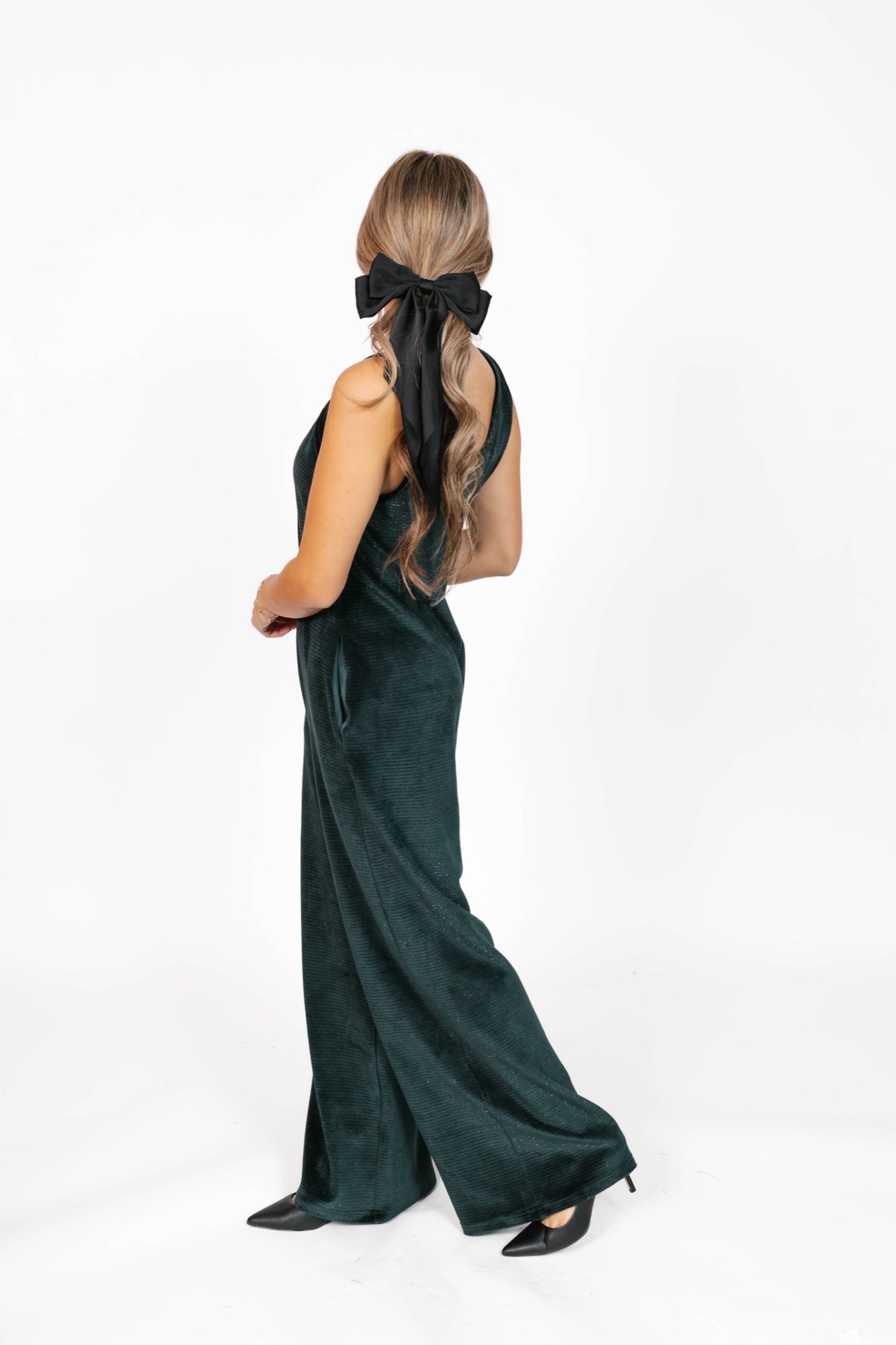 Tuesday Wide Leg Velvet Romper in Sparkle Green