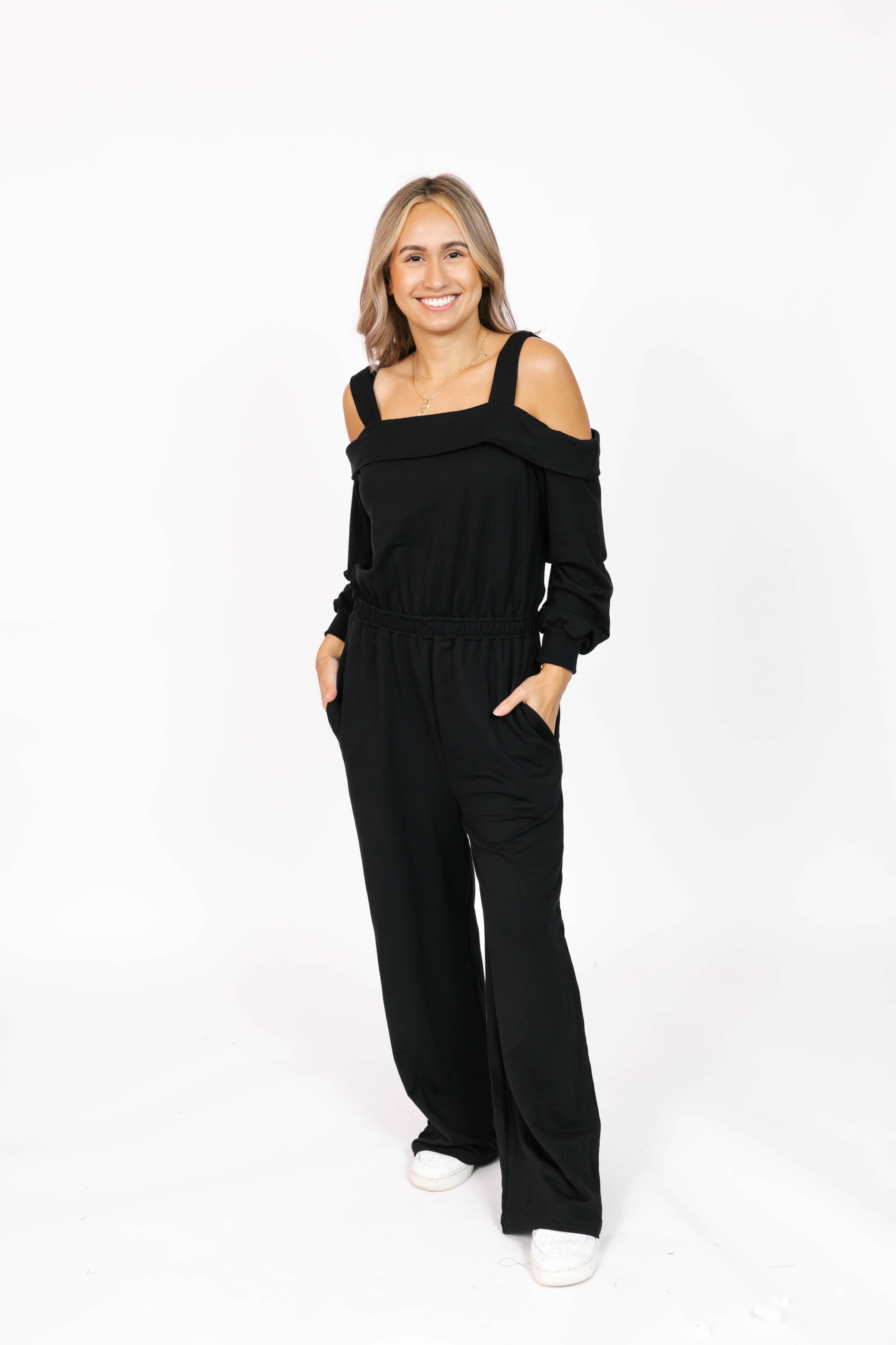 Giselle Wide Leg Romper in Midnight Black