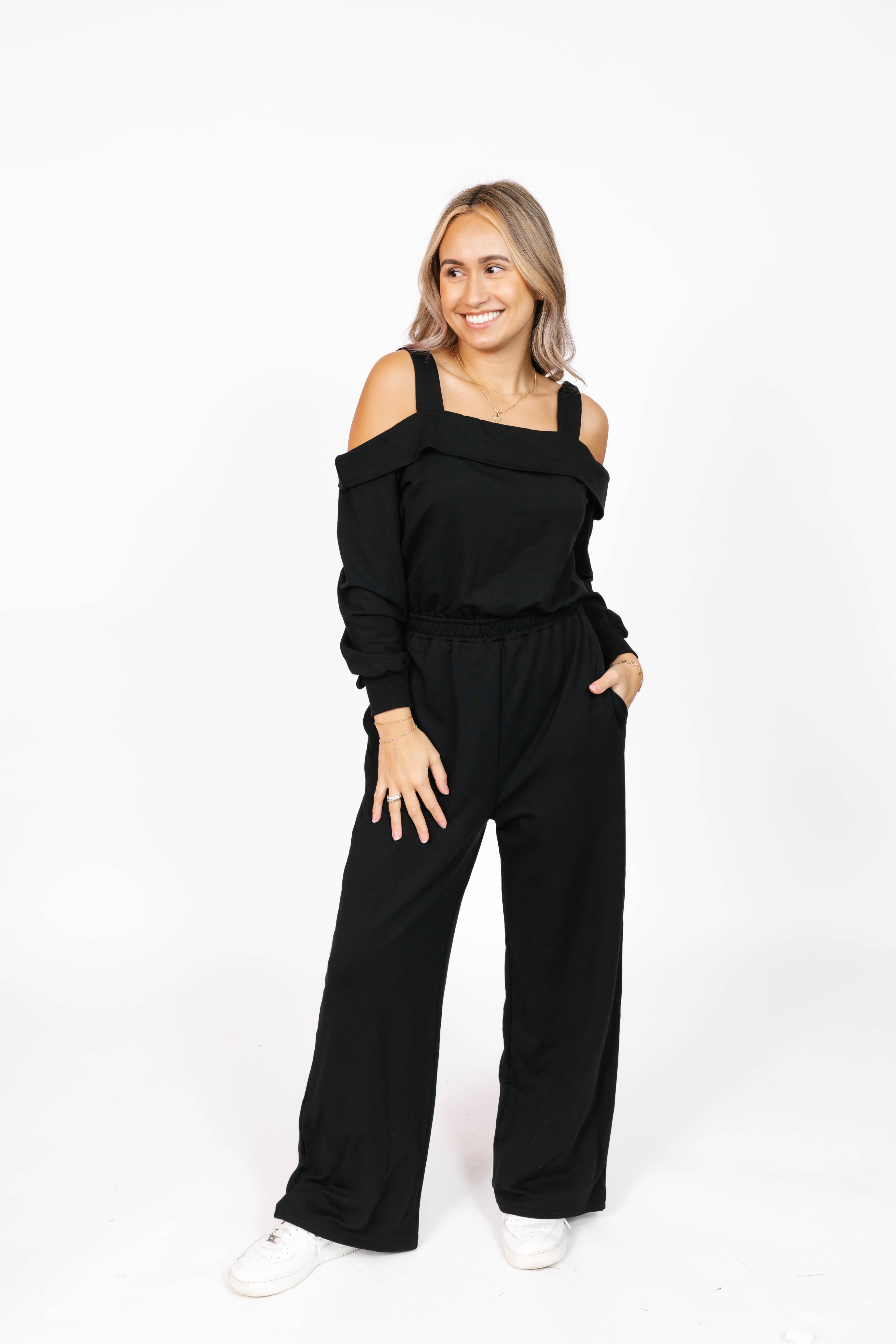 Giselle Wide Leg Romper in Midnight Black