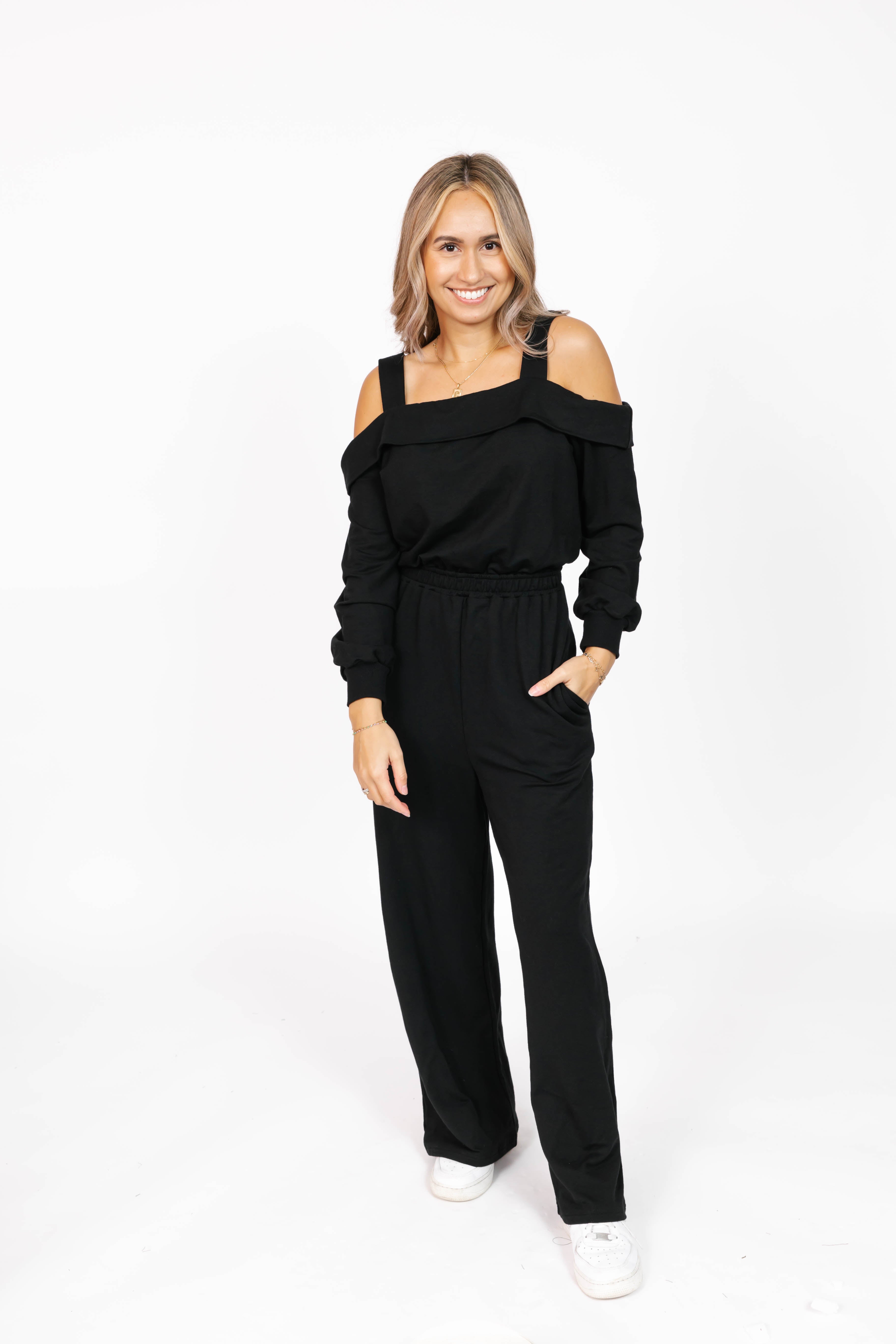 Giselle Wide Leg Romper in Midnight Black