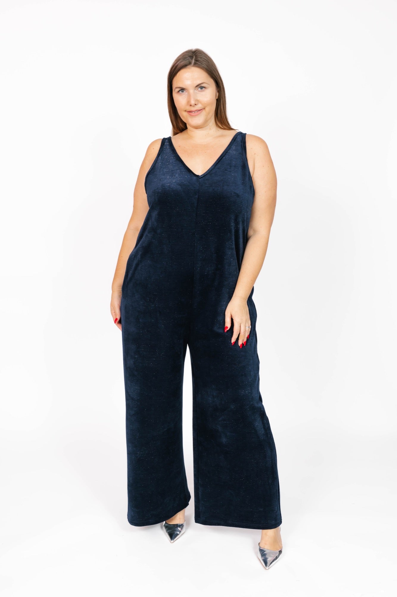 Tuesday Wide Leg Velvet Romper in Sparkle Navy