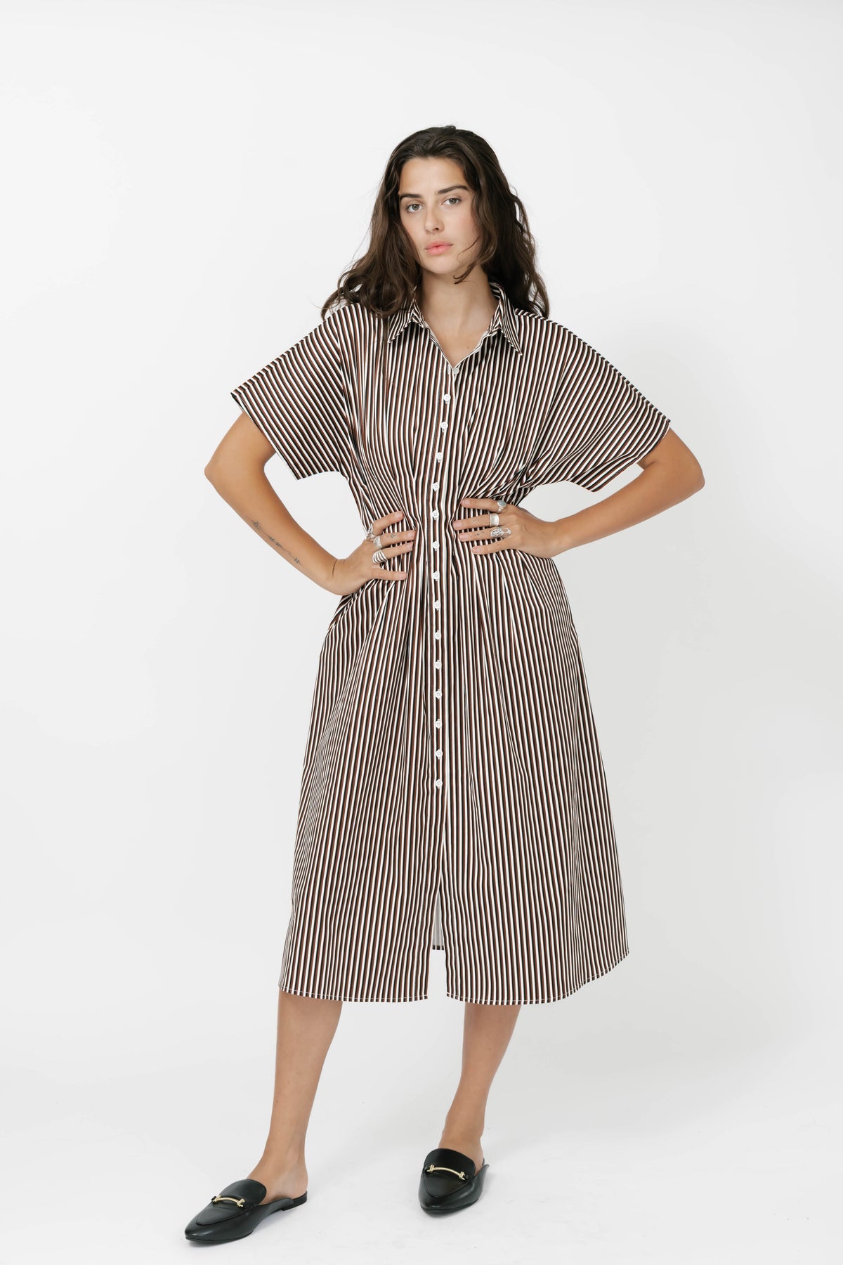 Petra Pleated Dress in Espresso Stripe