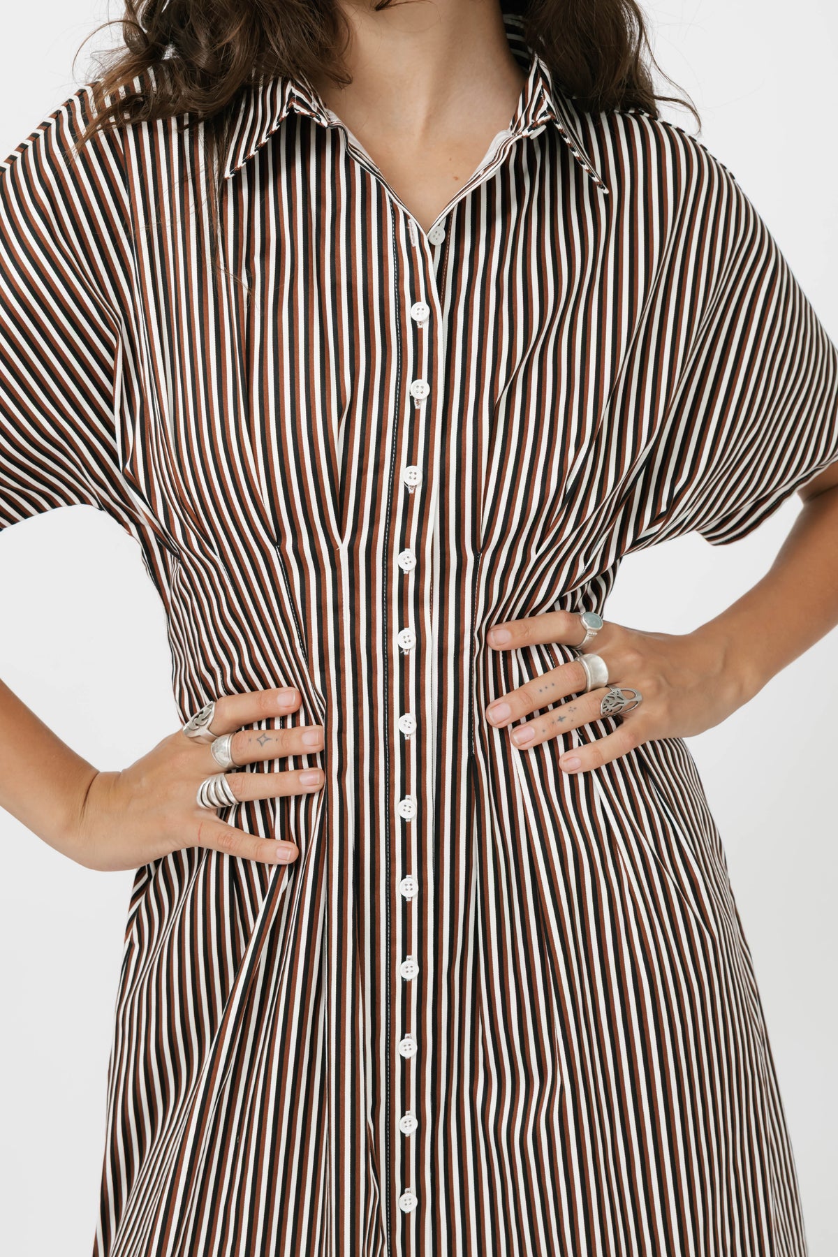 Petra Pleated Dress in Espresso Stripe
