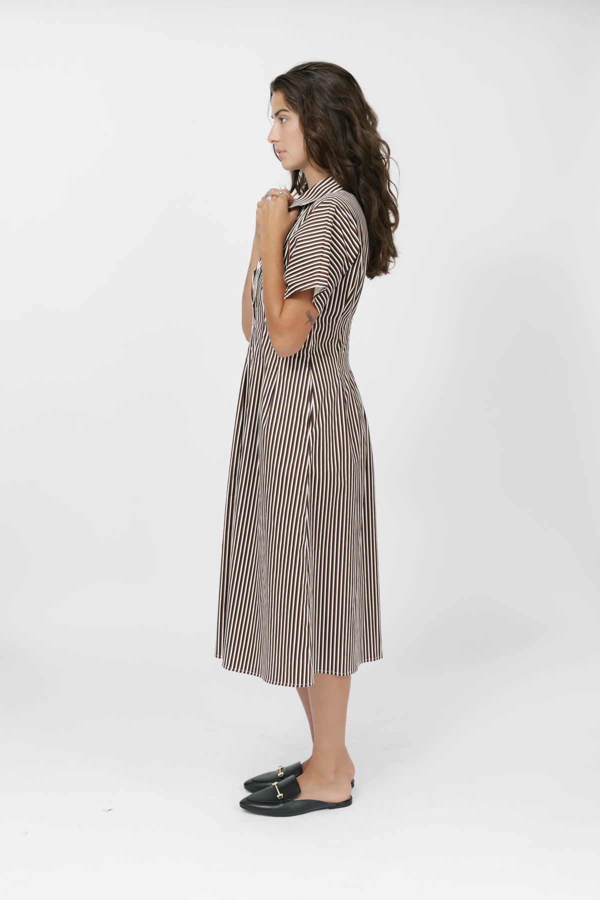 Petra Pleated Dress in Espresso Stripe