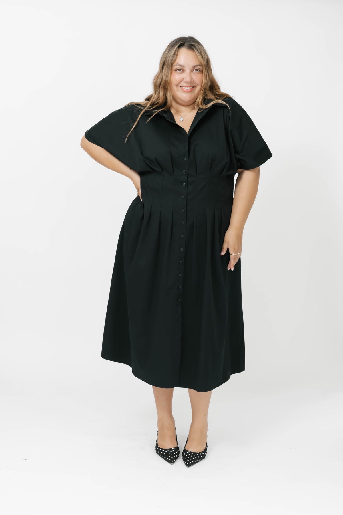 Petra Pleated Dress in Midnight Black