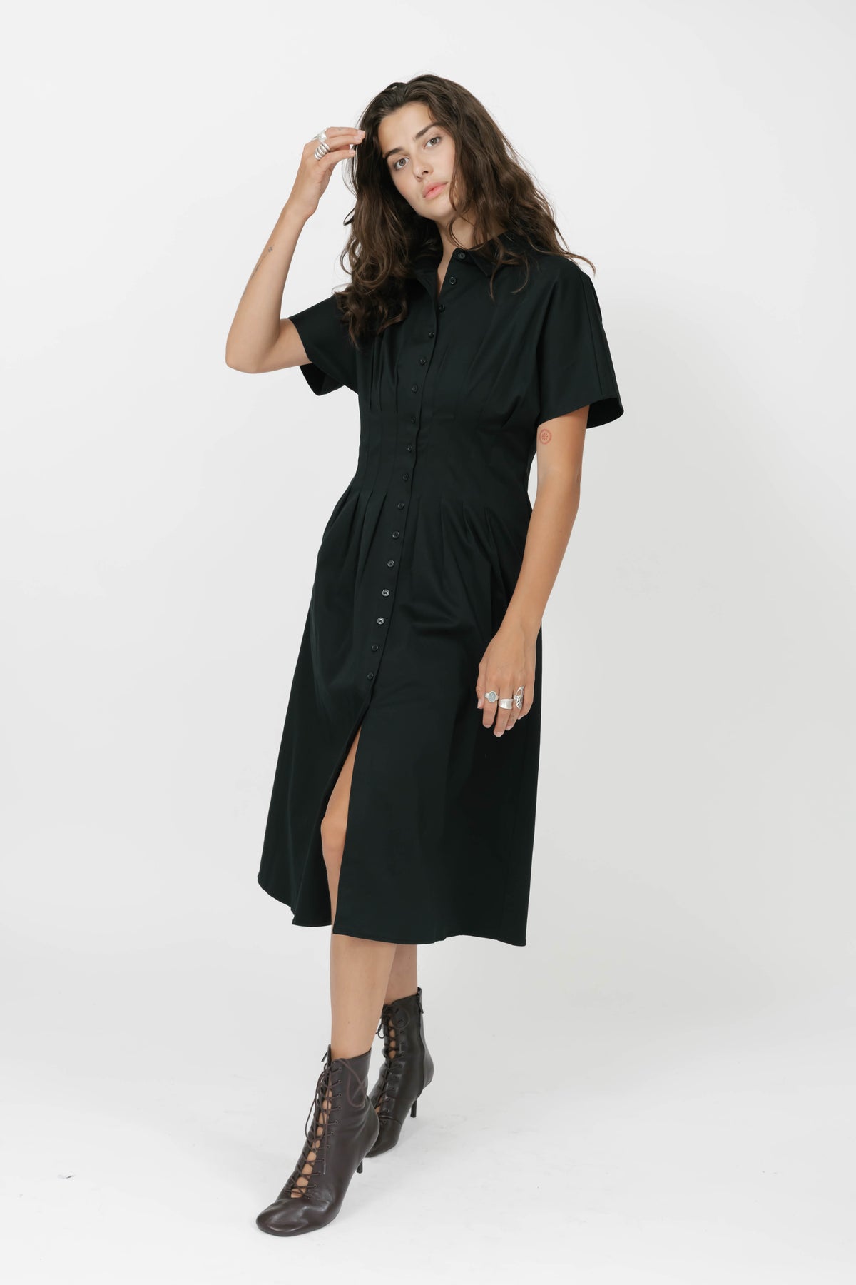 Petra Pleated Dress in Midnight Black