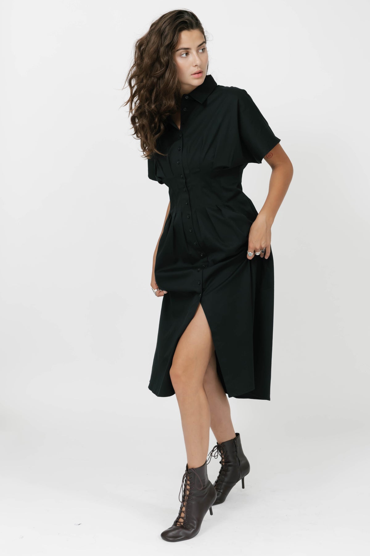 Petra Pleated Dress in Midnight Black