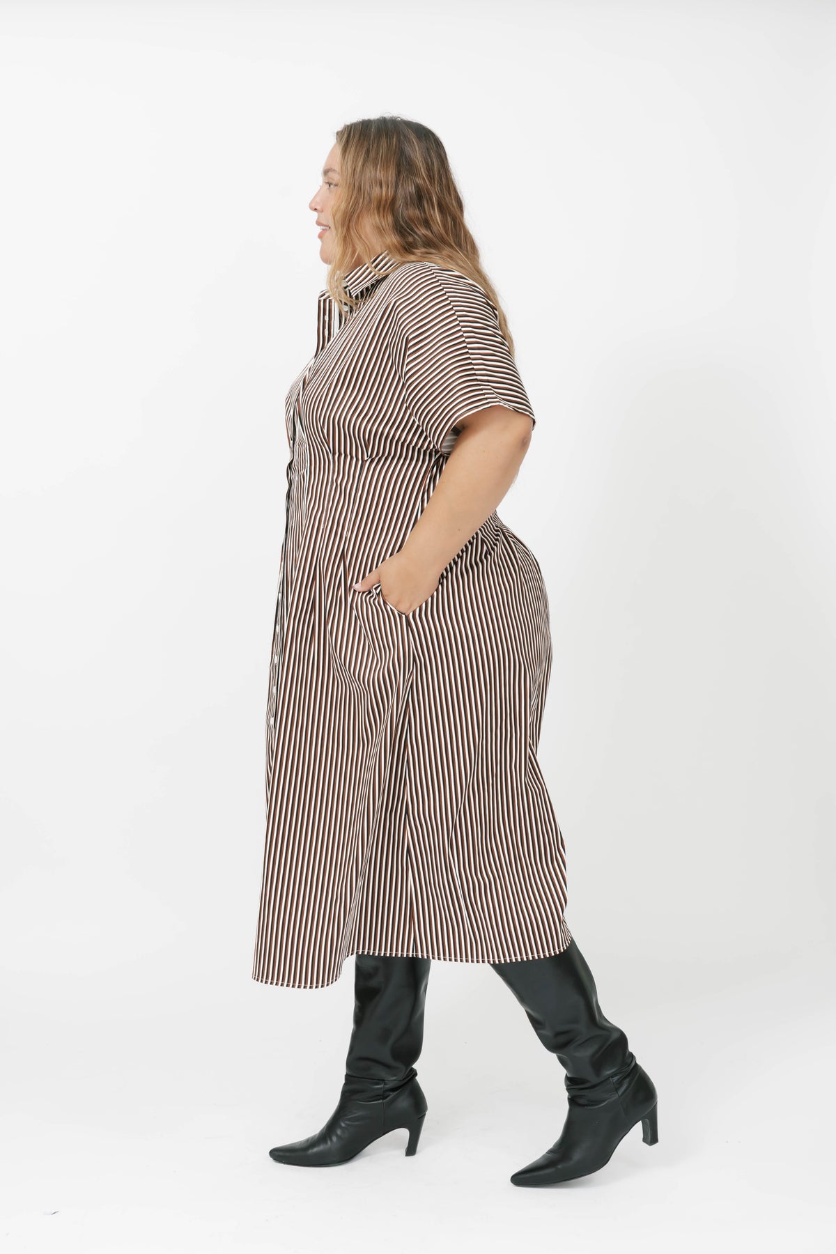Petra Pleated Dress in Espresso Stripe