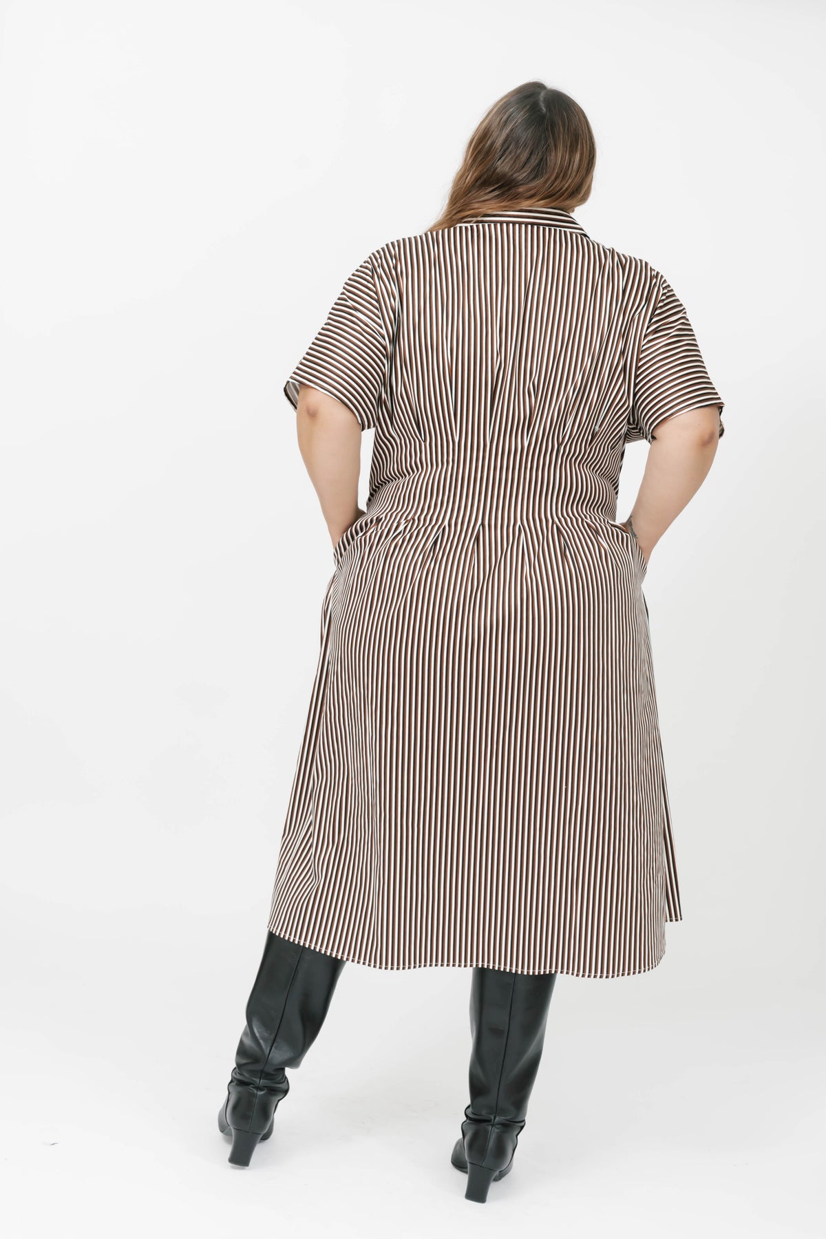 Petra Pleated Dress in Espresso Stripe