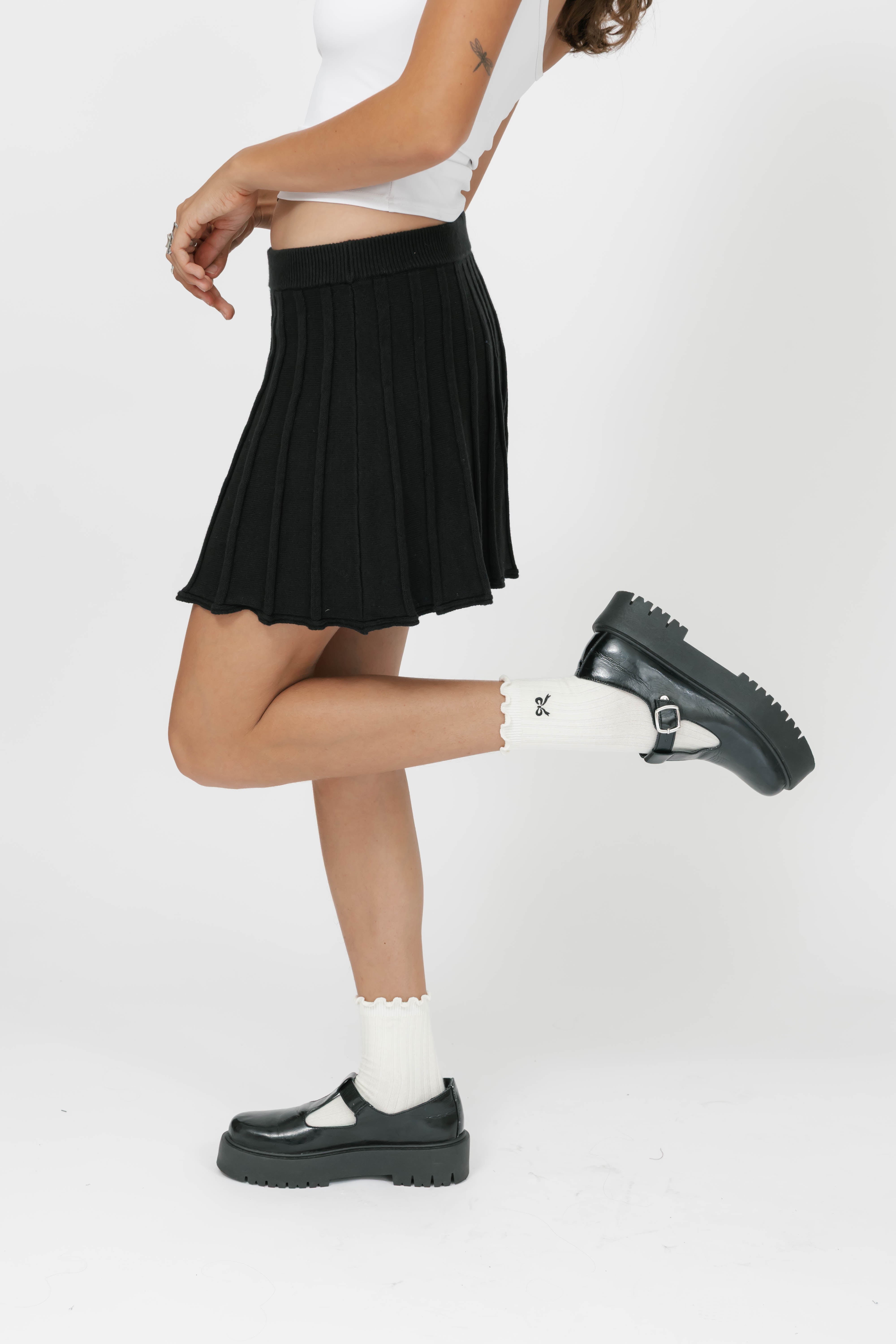 Pleated Knit Mini Skirt in Midnight Black