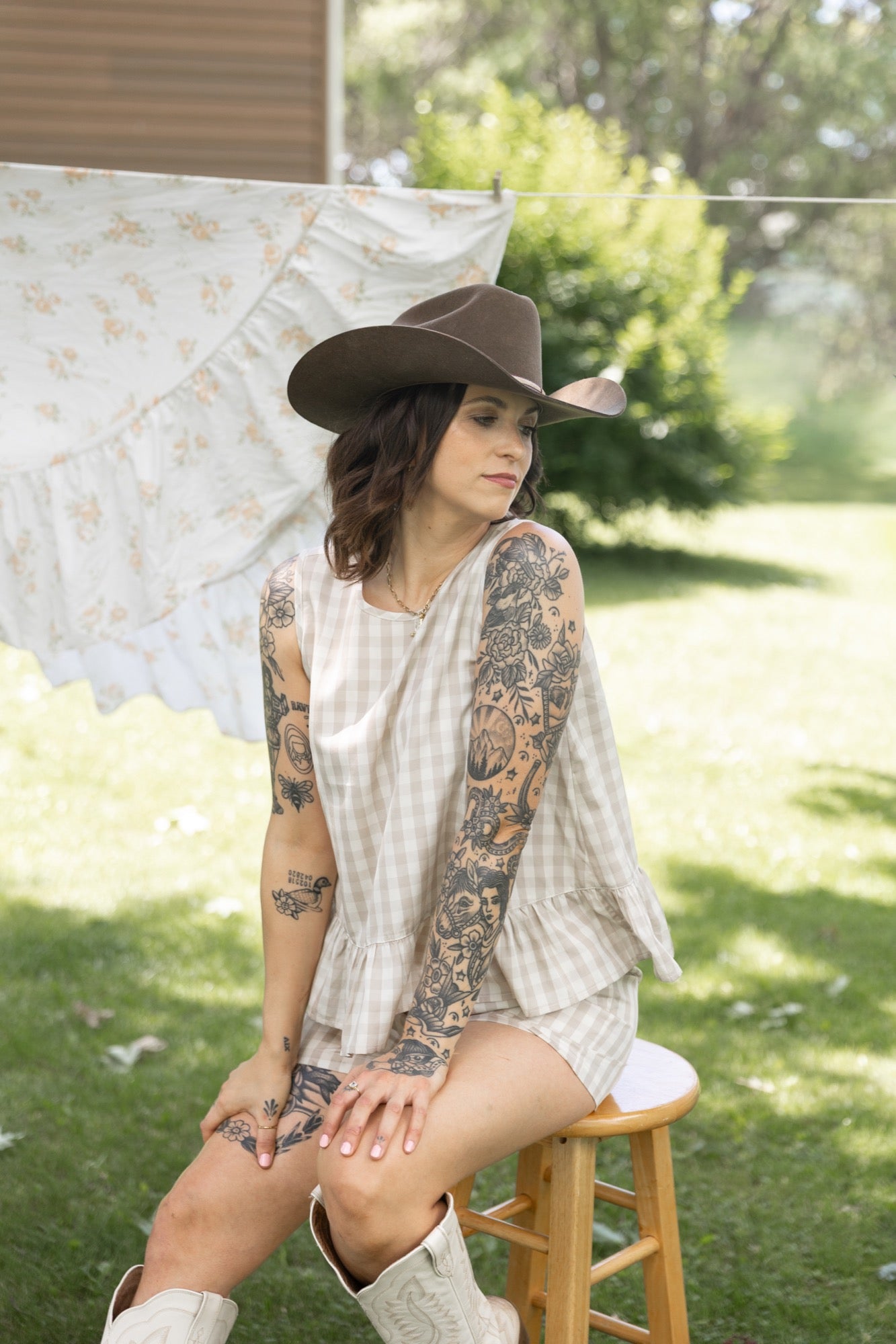 Laurel Top in Oatmeal Gingham