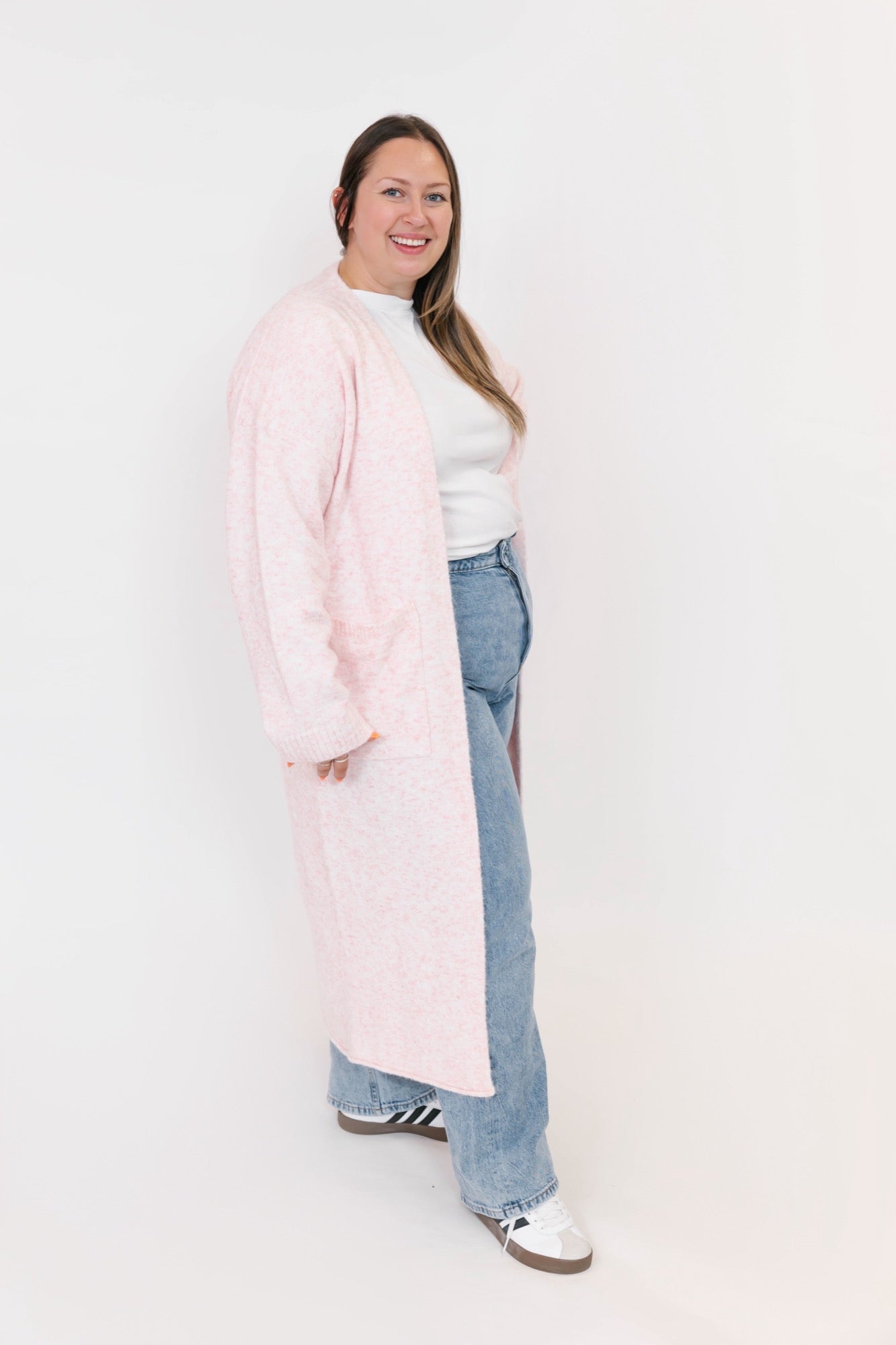 Sweater Weather Long Cardigan in Light Pink