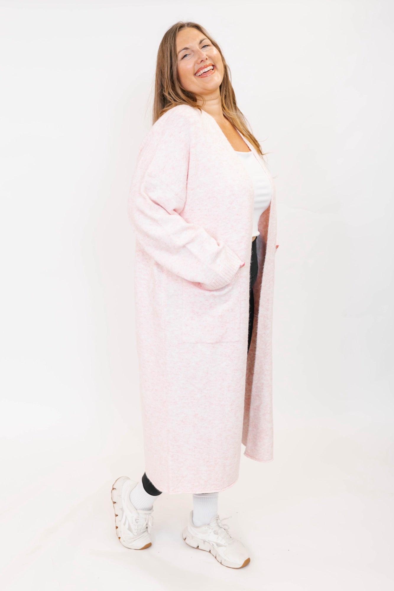 Sweater Weather Long Cardigan in Light Pink