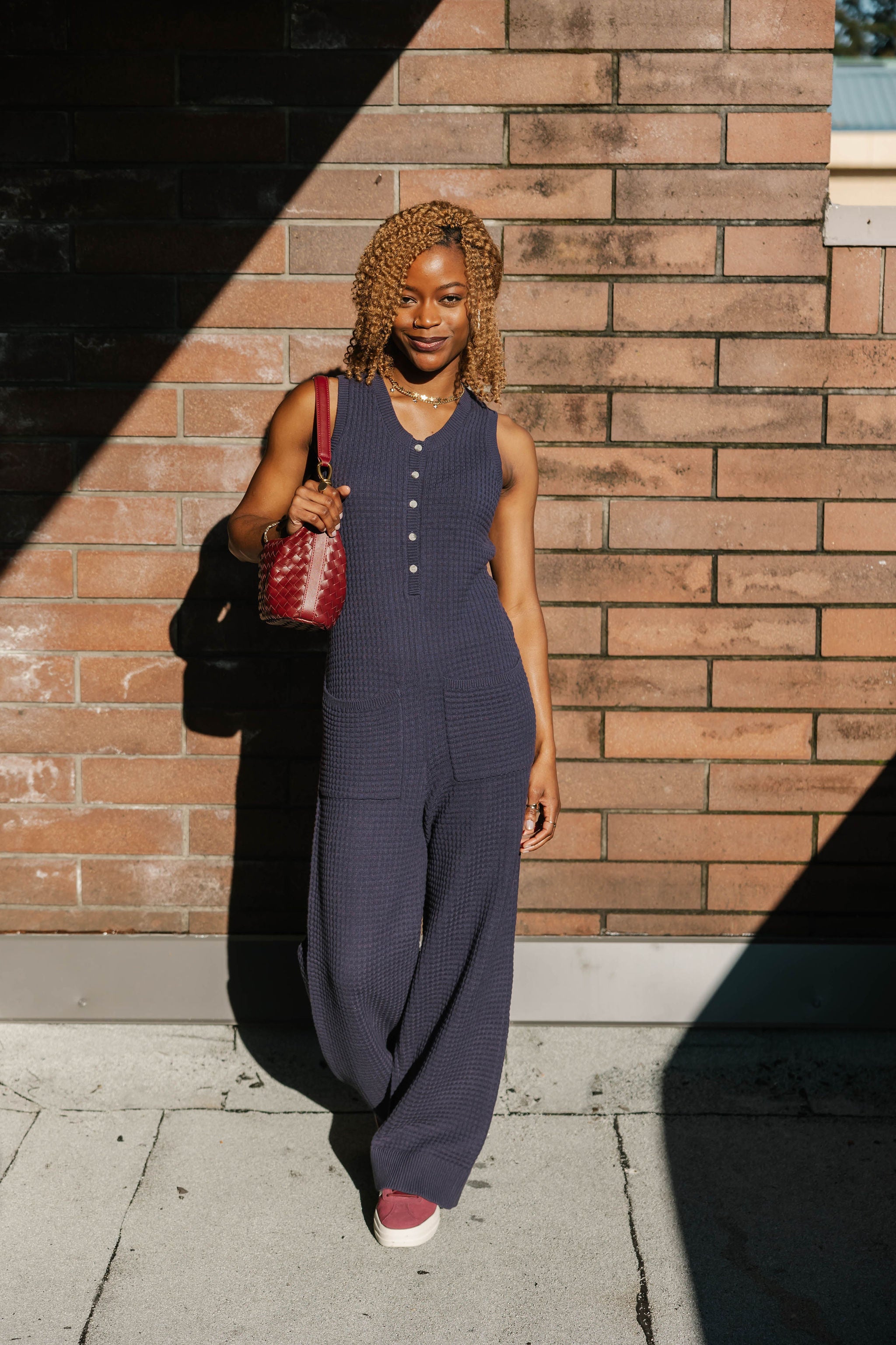 Megan Waffle Wide Leg Romper in Navy