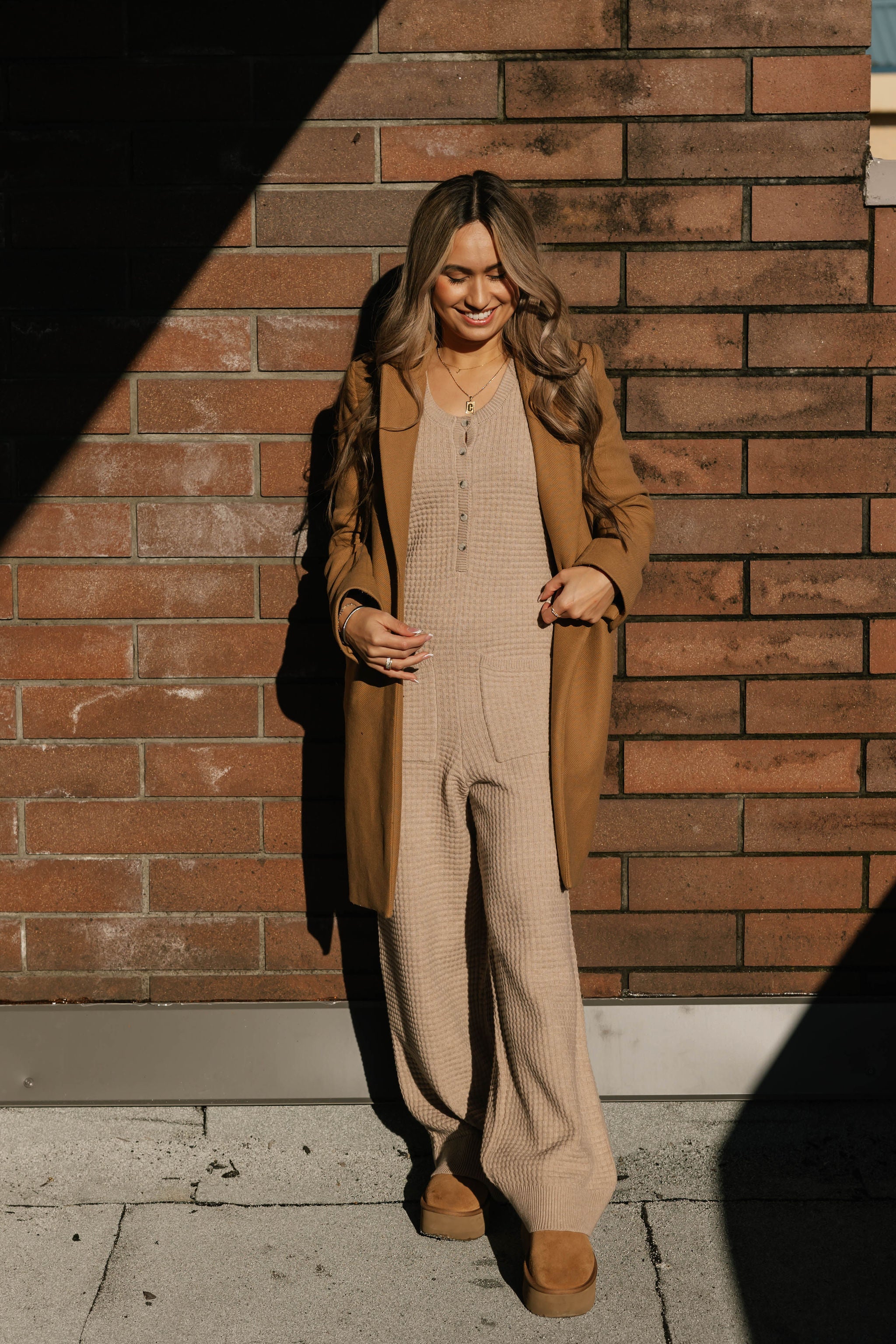 Megan Waffle Wide Leg Romper in Oatmeal