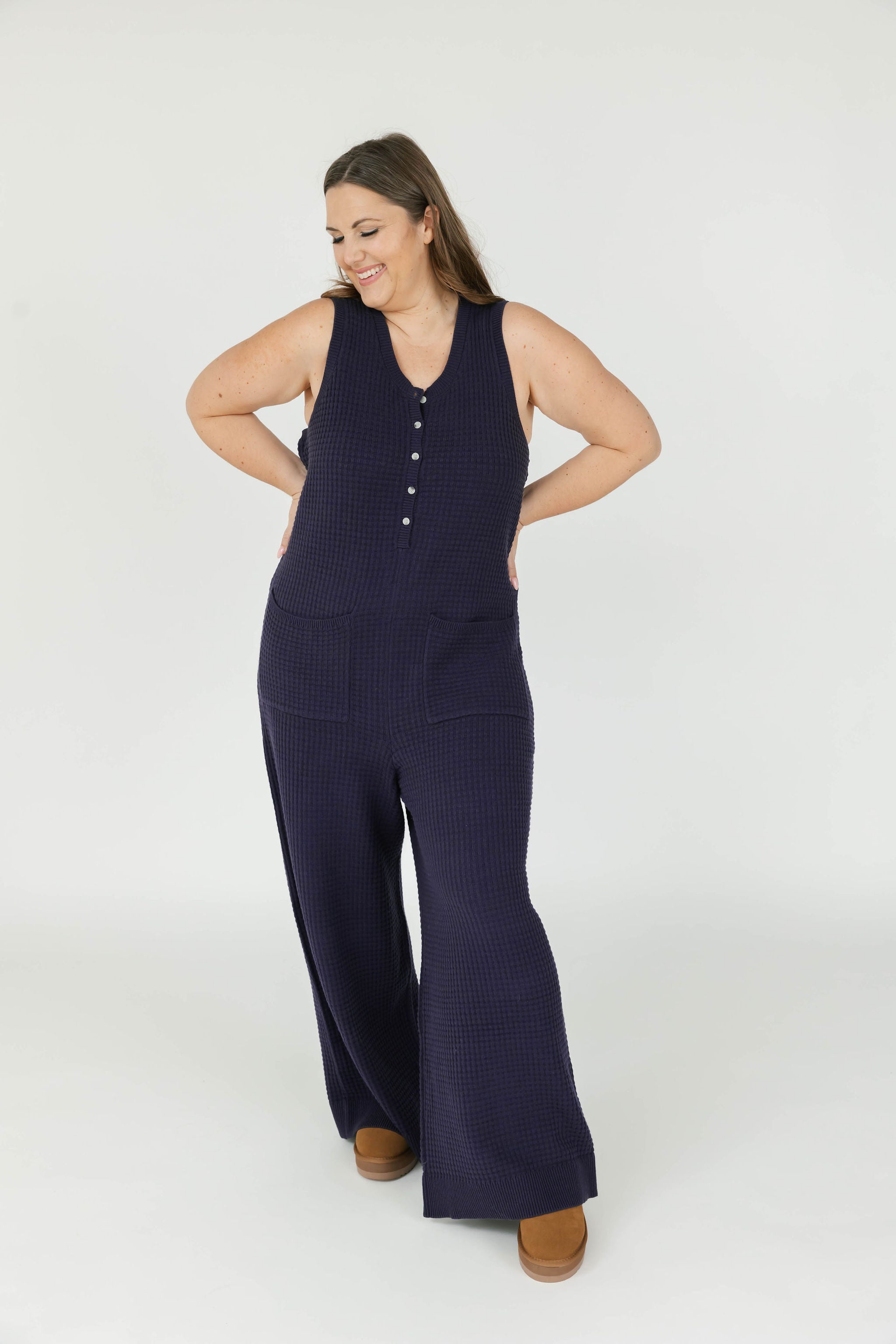 Megan Waffle Wide Leg Romper in Navy