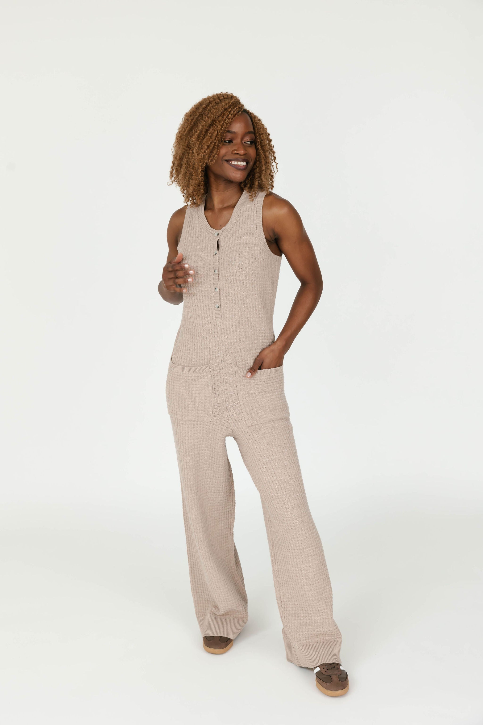 Megan Waffle Wide Leg Romper in Oatmeal