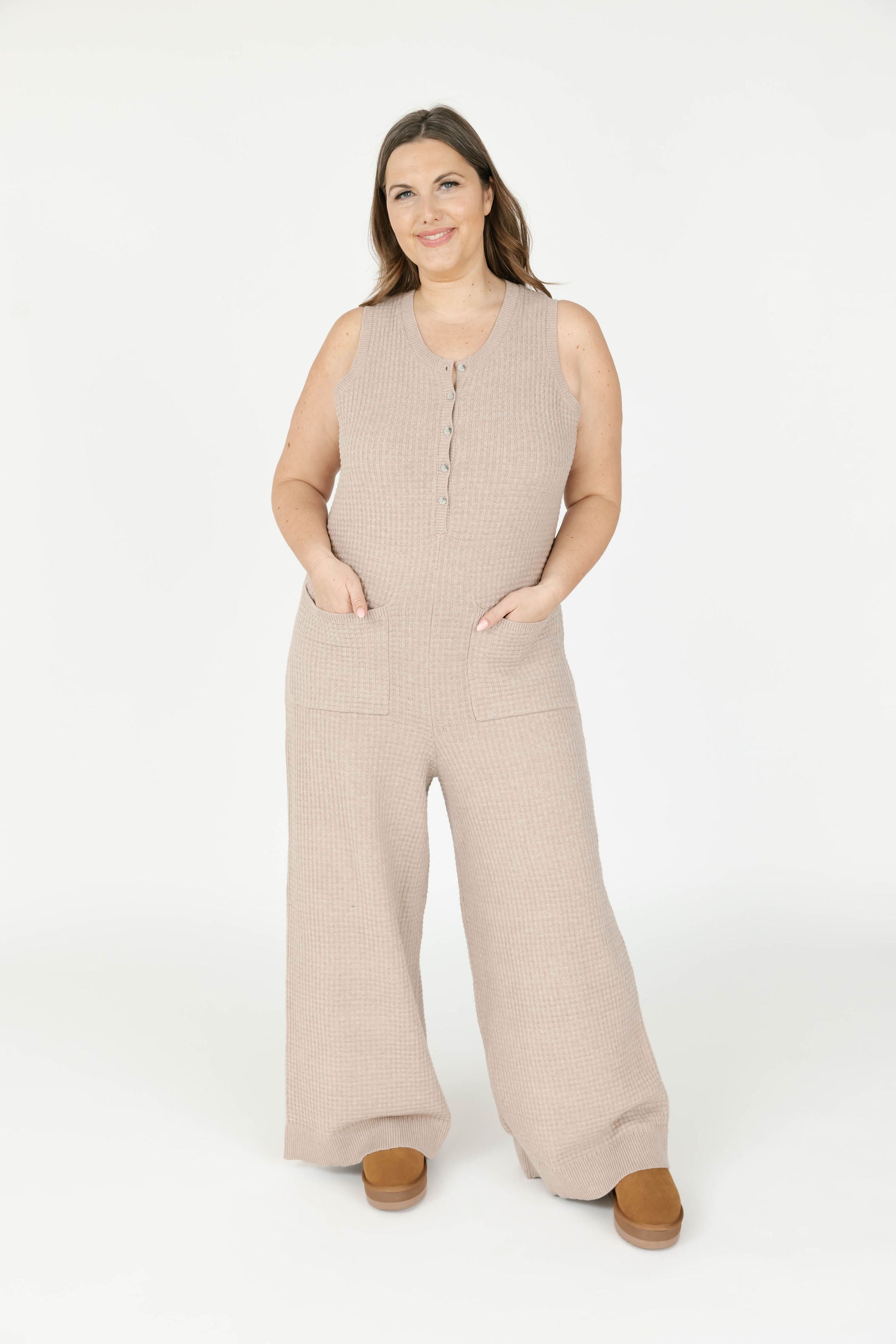 Megan Waffle Wide Leg Romper in Oatmeal