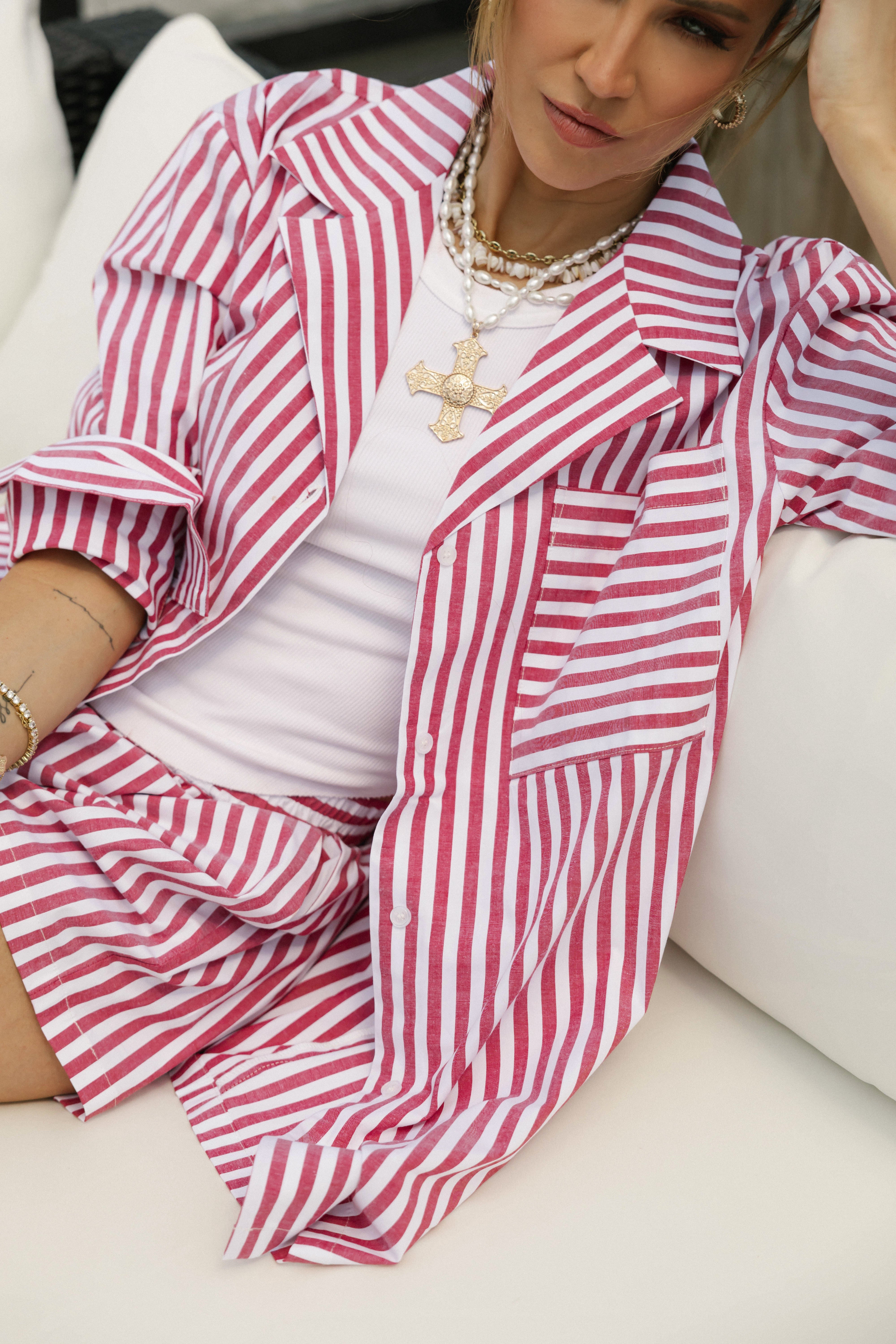 Kaitlyn Cotton Button Down Shirt in Faded Red Stripe