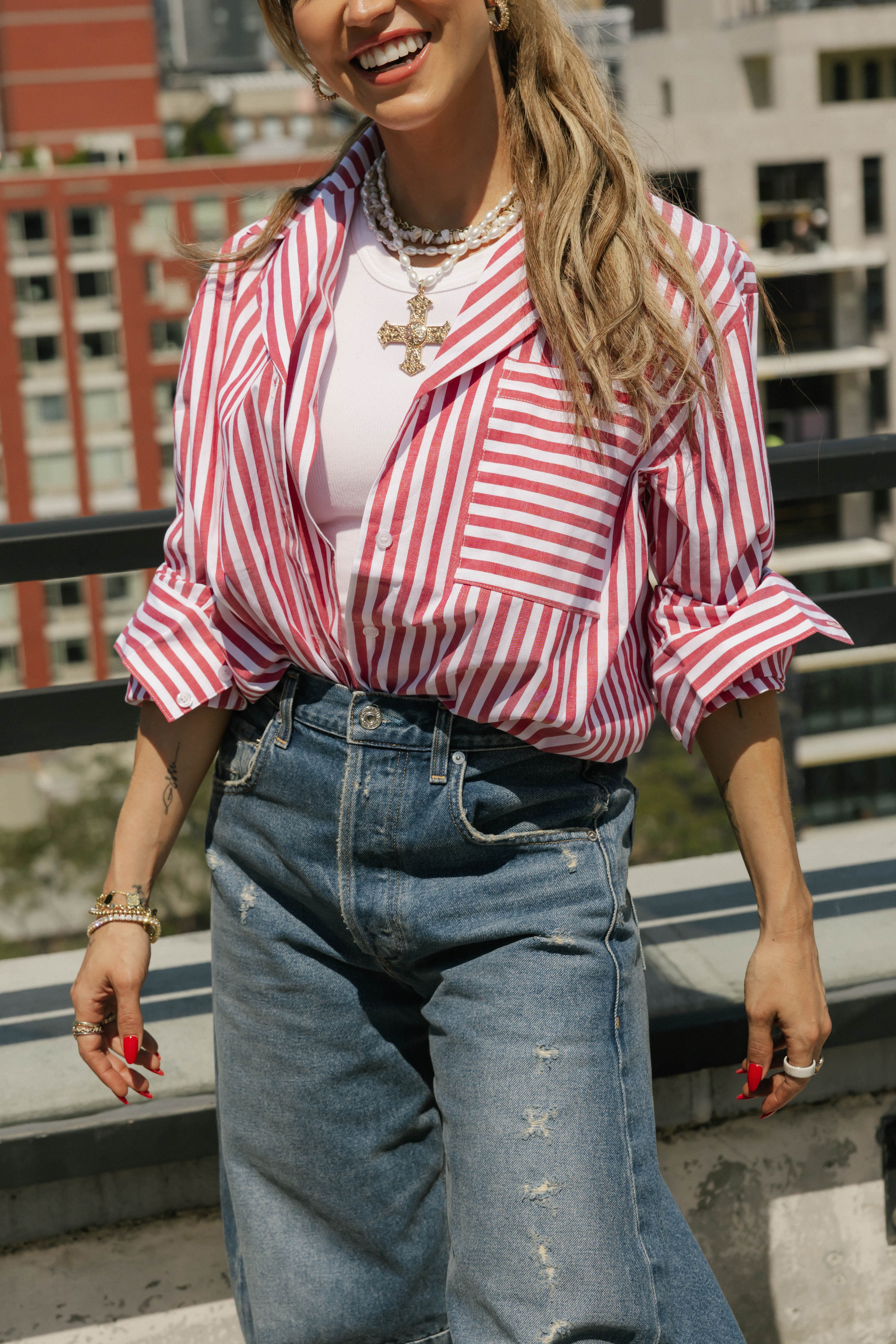 Kaitlyn Cotton Button Down Shirt in Faded Red Stripe