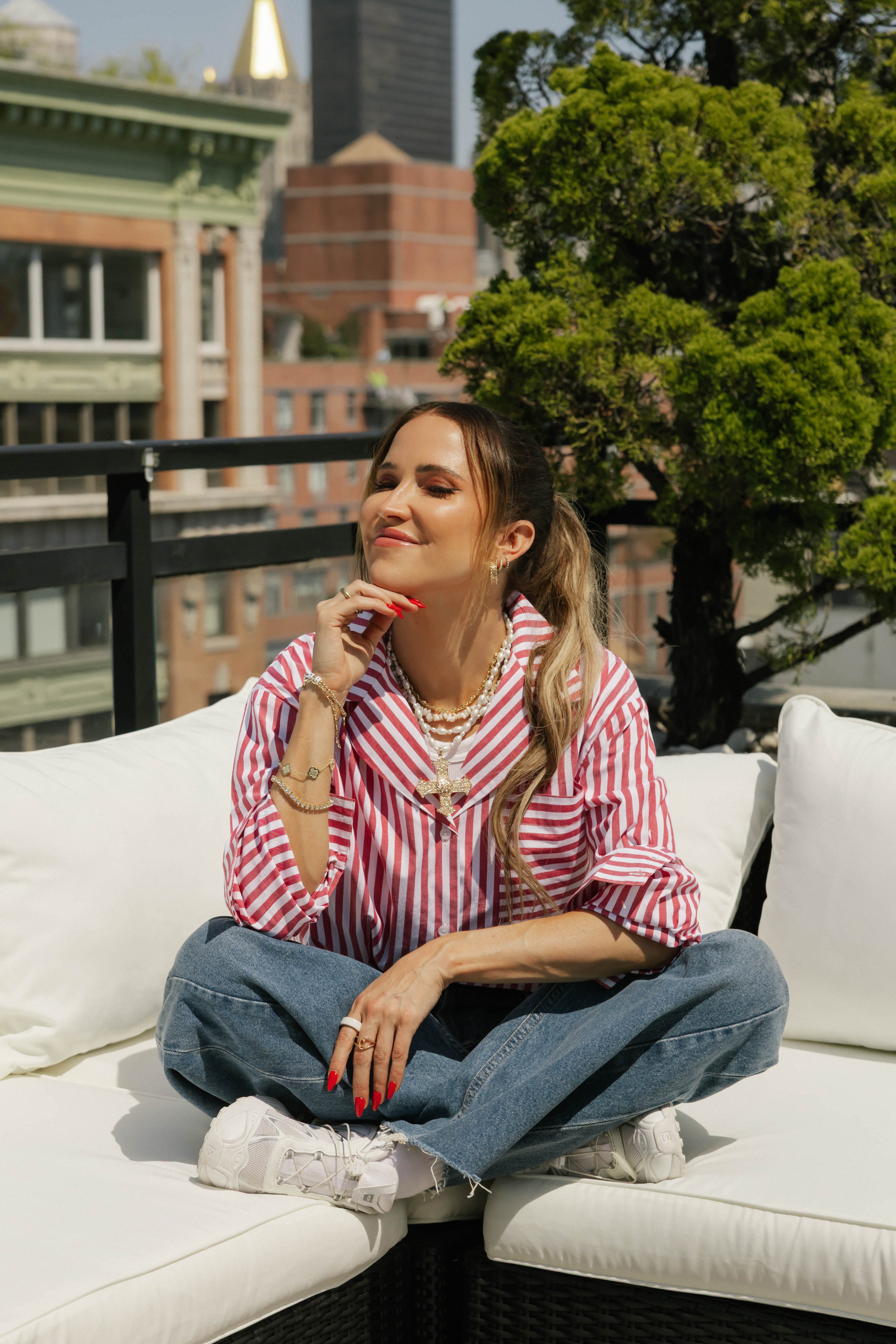 Kaitlyn Cotton Button Down Shirt in Faded Red Stripe