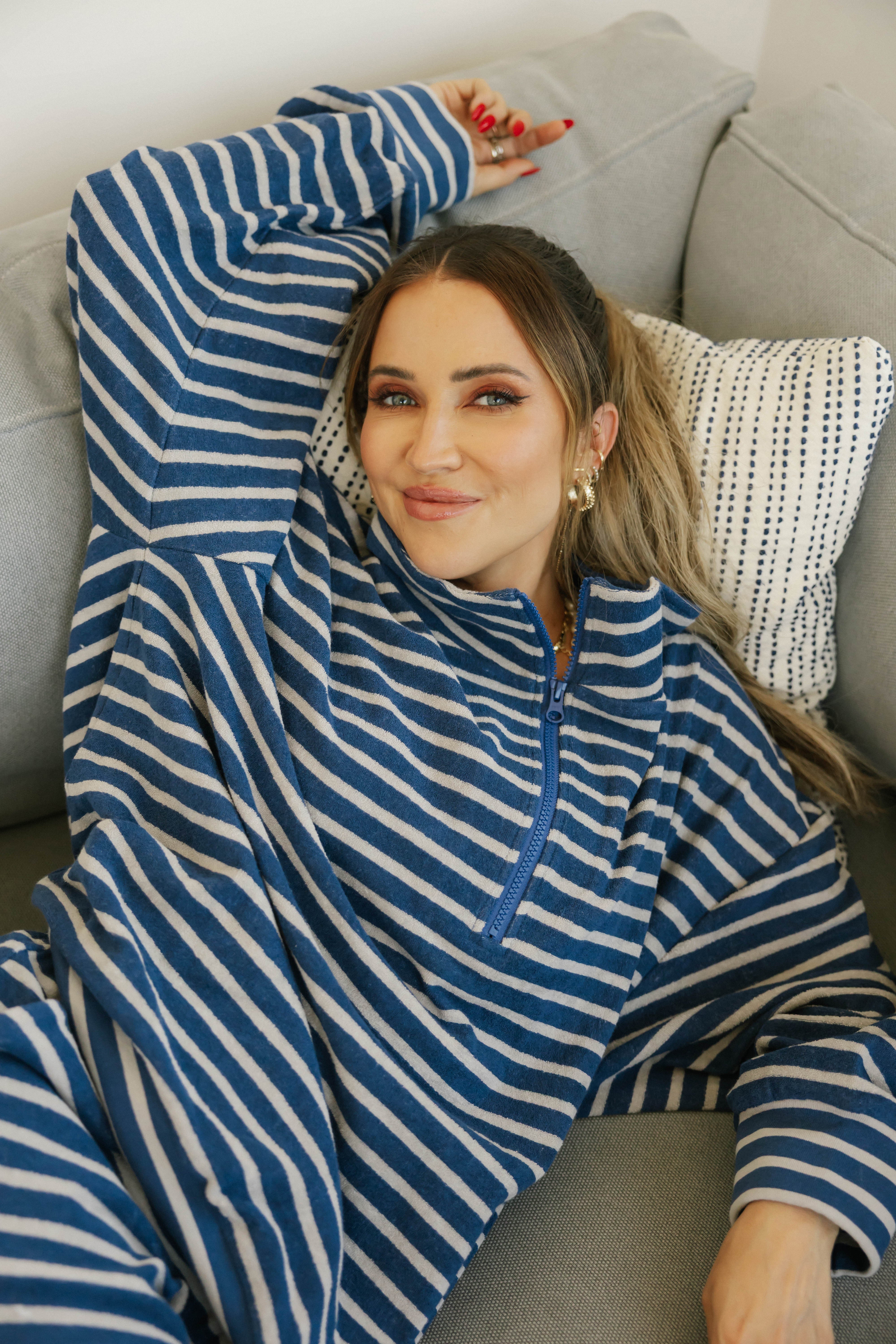 Kaitlyn Terry 1/4 Zip Top in Grey/Navy Stripe