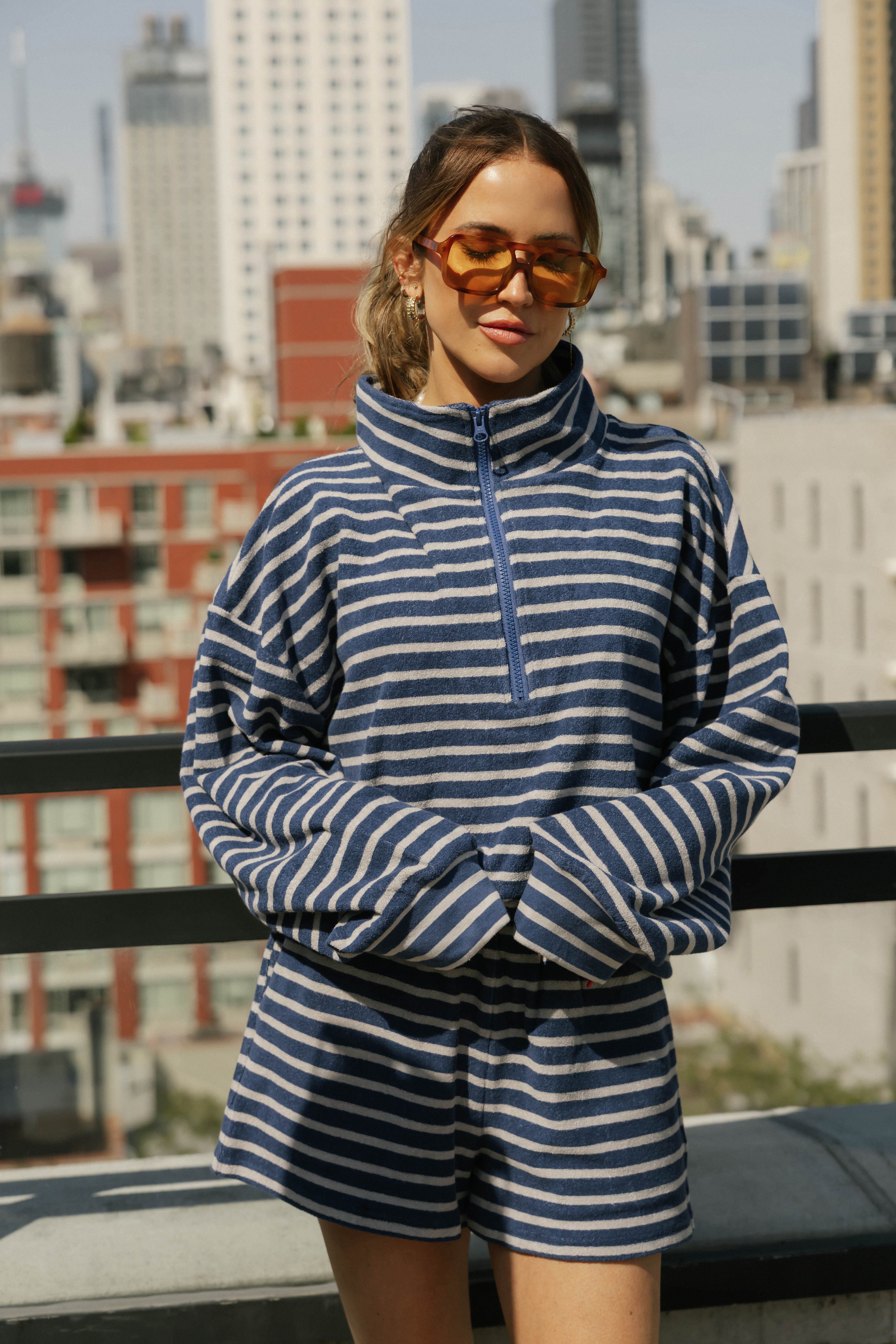 Kaitlyn Terry 1/4 Zip Top in Grey/Navy Stripe