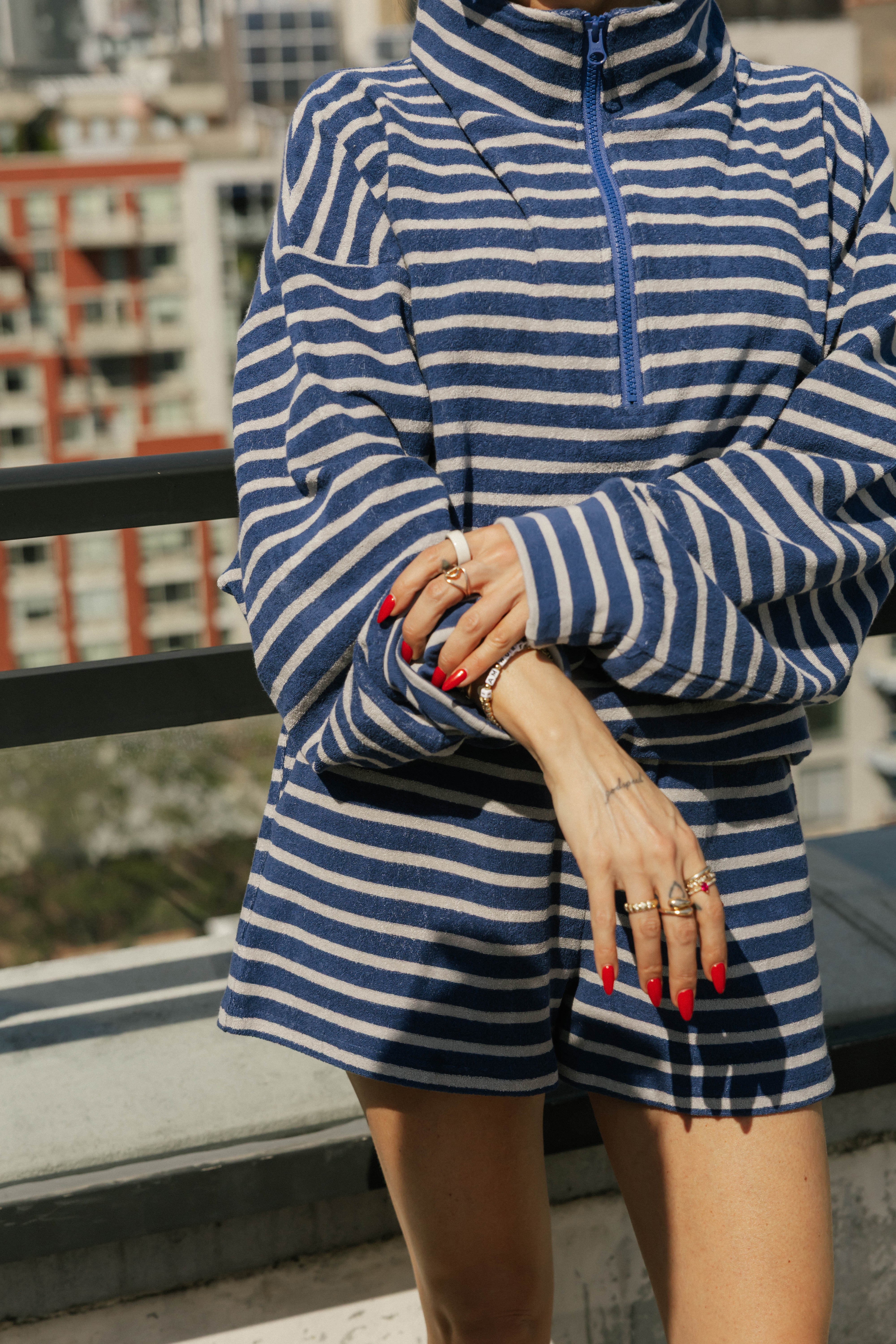 Kaitlyn Terry 1/4 Zip Top in Grey/Navy Stripe