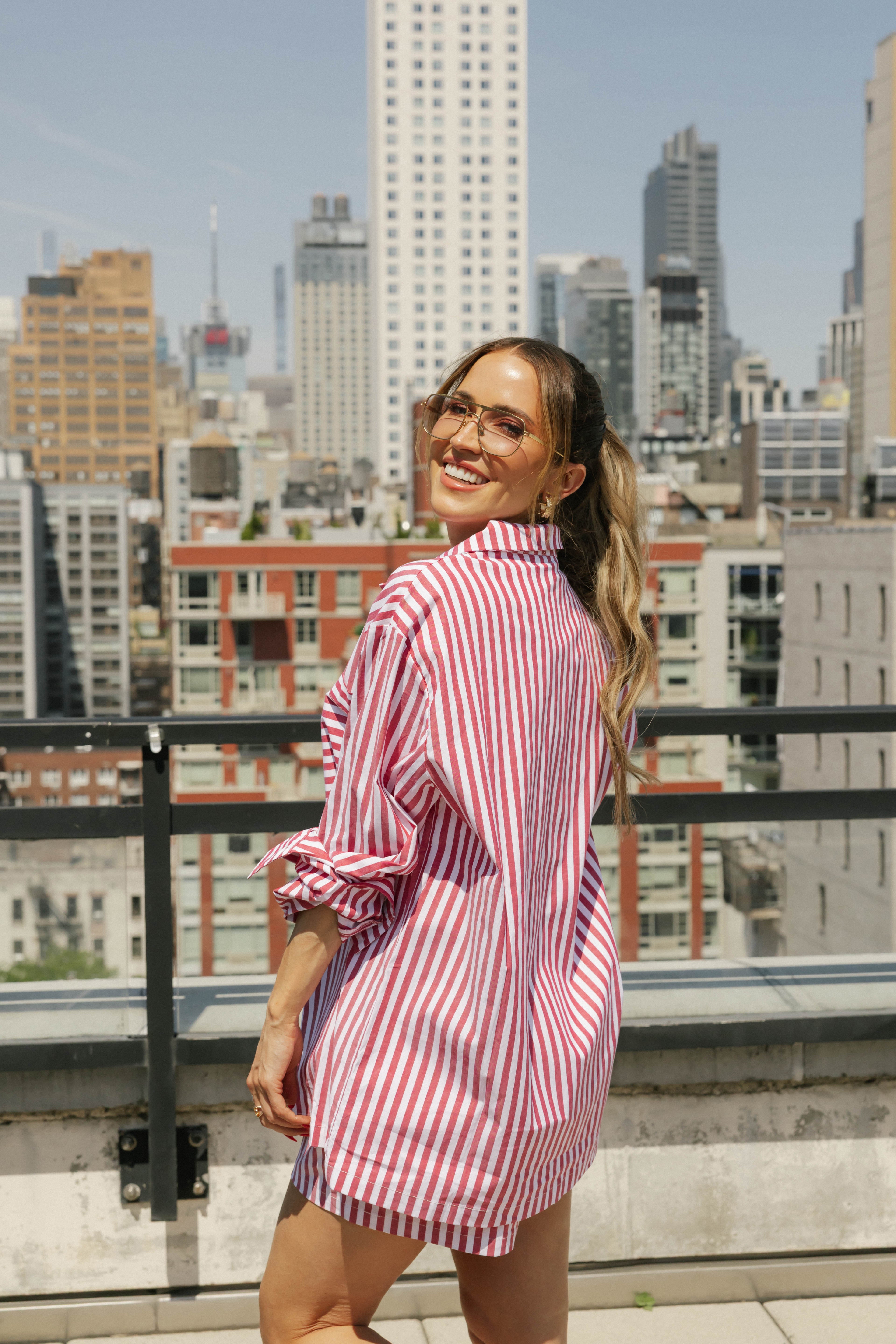 Kaitlyn Cotton Button Down Shirt in Faded Red Stripe