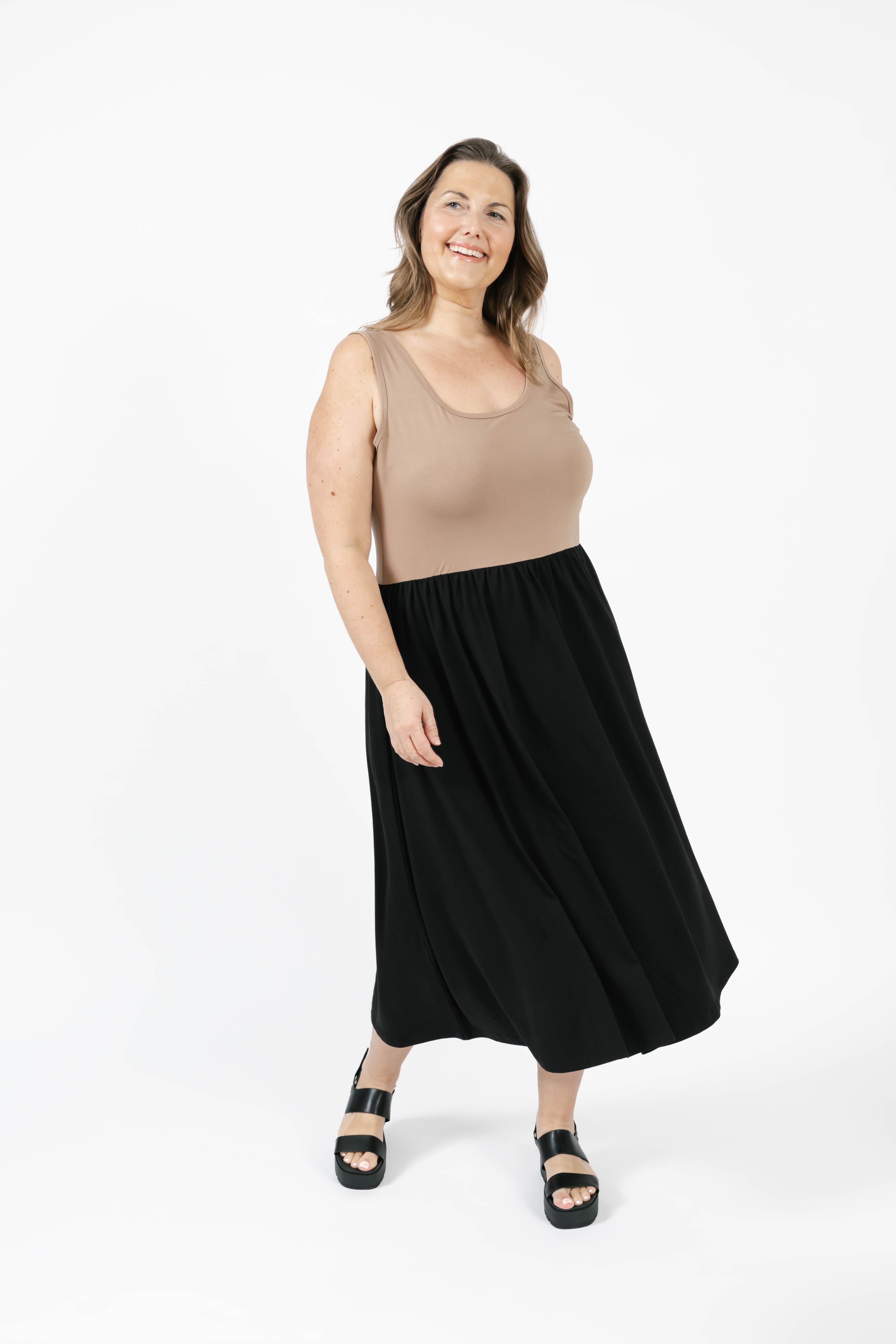 Tatiana Midi Dress in Sandy Brown/Black