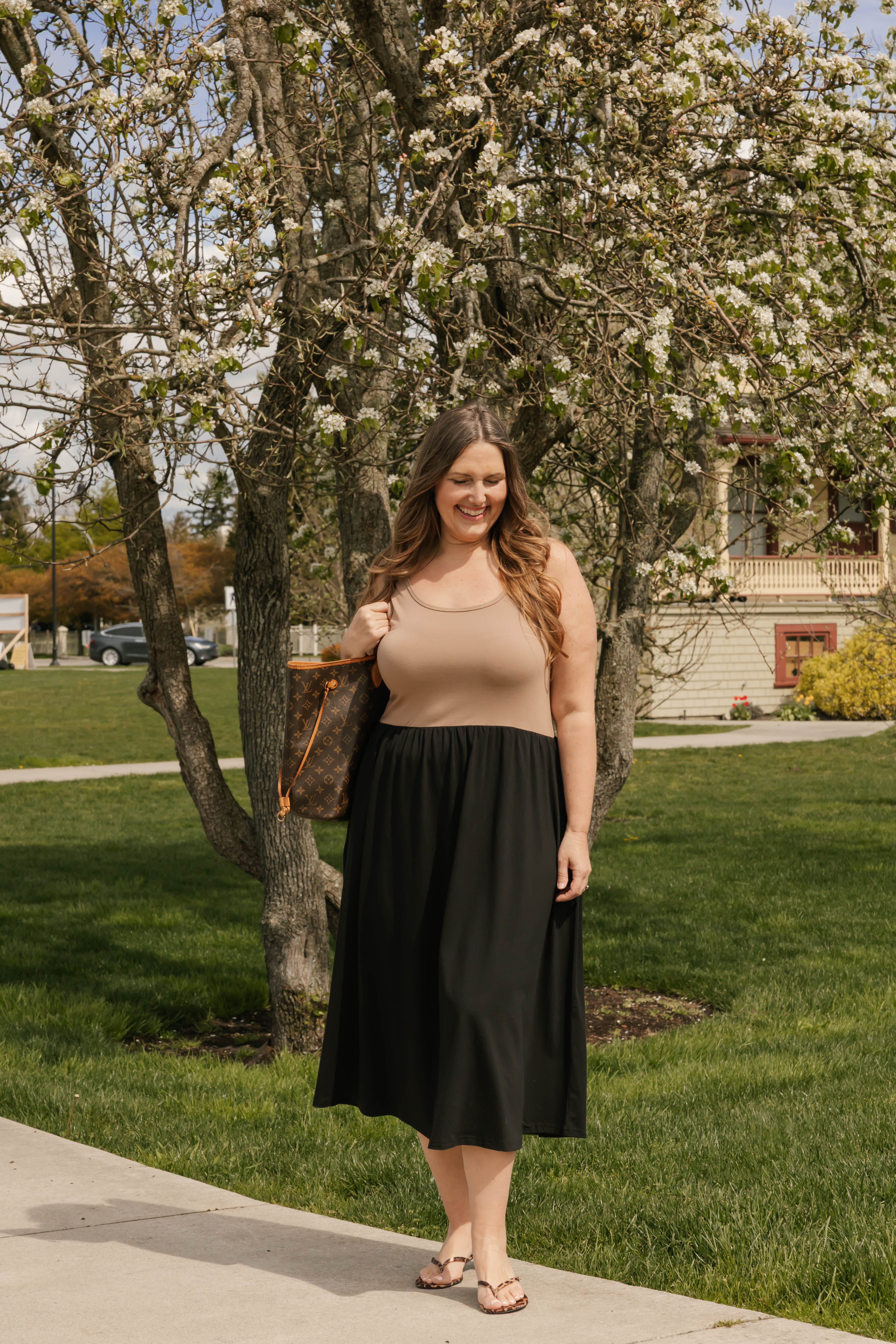Tatiana Midi Dress in Sandy Brown/Black