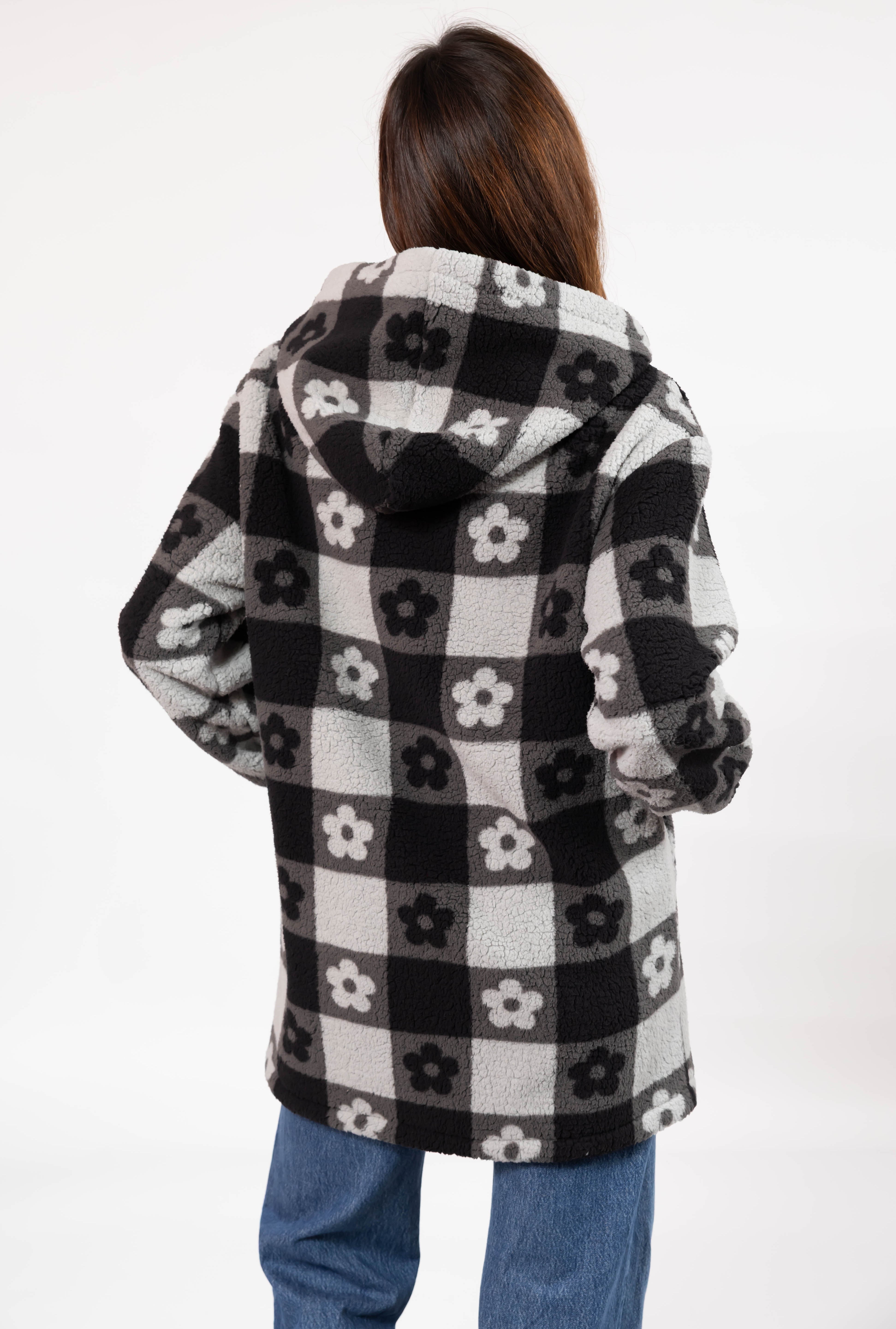 Teddy Floral Hooded Jacket in Midnight Black/Grey